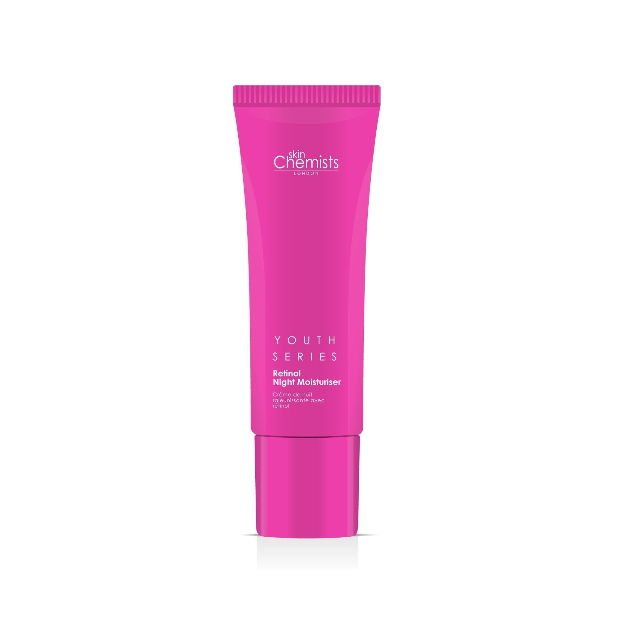 Rosa Tube mit weißer Schrift. Beschriftung: skinChemists, Youth Series, Retinol Night Moisturiser.