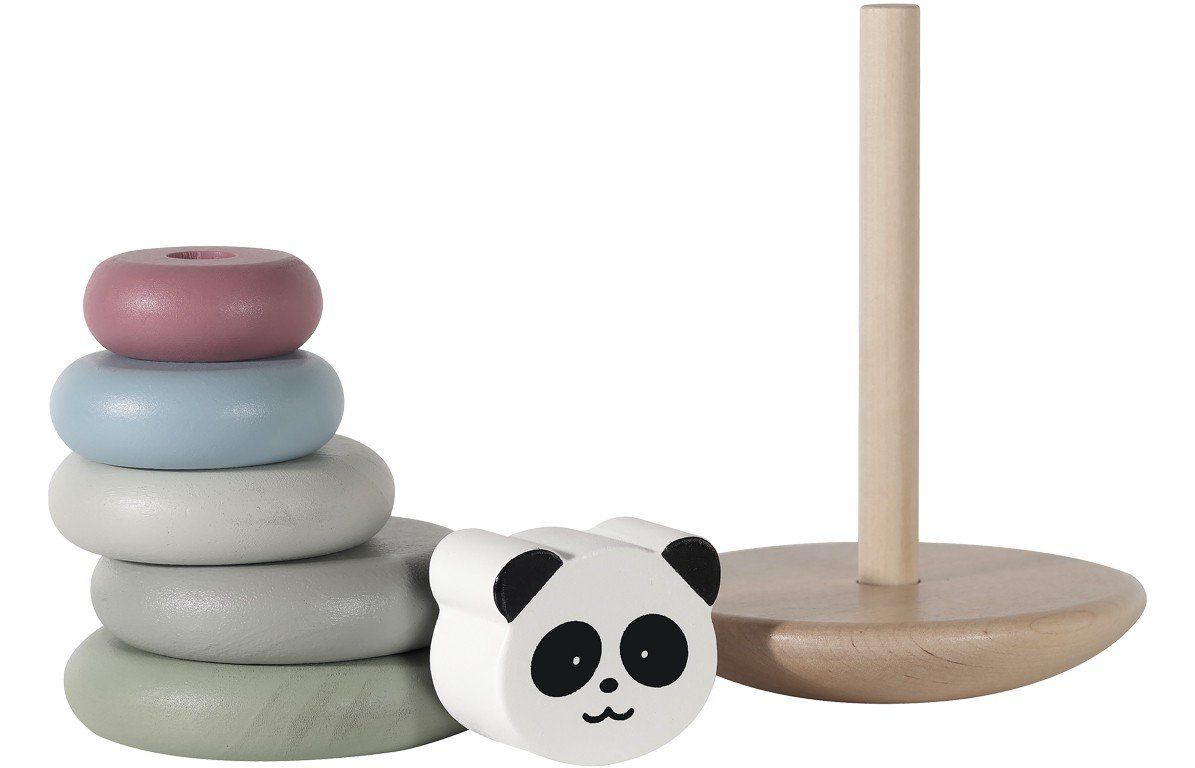 Stapelturm mit Panda-Kopf und Holzstab. Einzelne Ringe und Panda-Kopf liegen daneben.