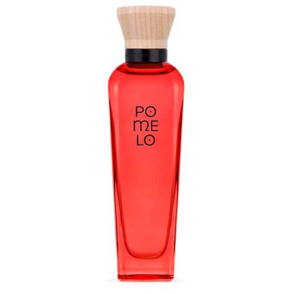 Rote Flasche mit Holzverschluss. Aufschrift: POMELO. Schwarzer Ring am Flaschenhals.
