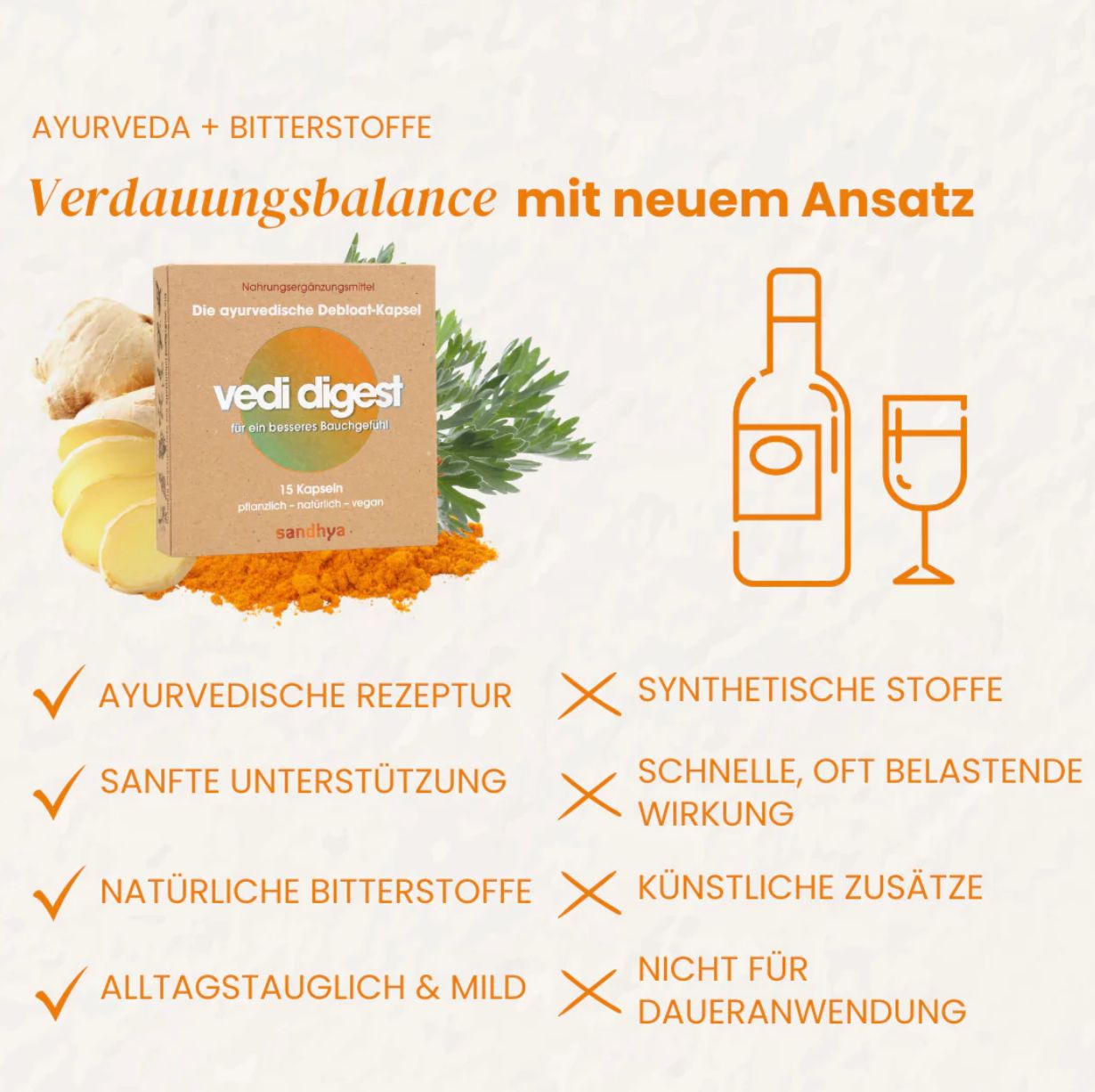 Produktverpackung "vedi digest" neben Ingwer, Kurkuma und einem Glas Wein. Text: "Ayurveda + Bitterstoffe".