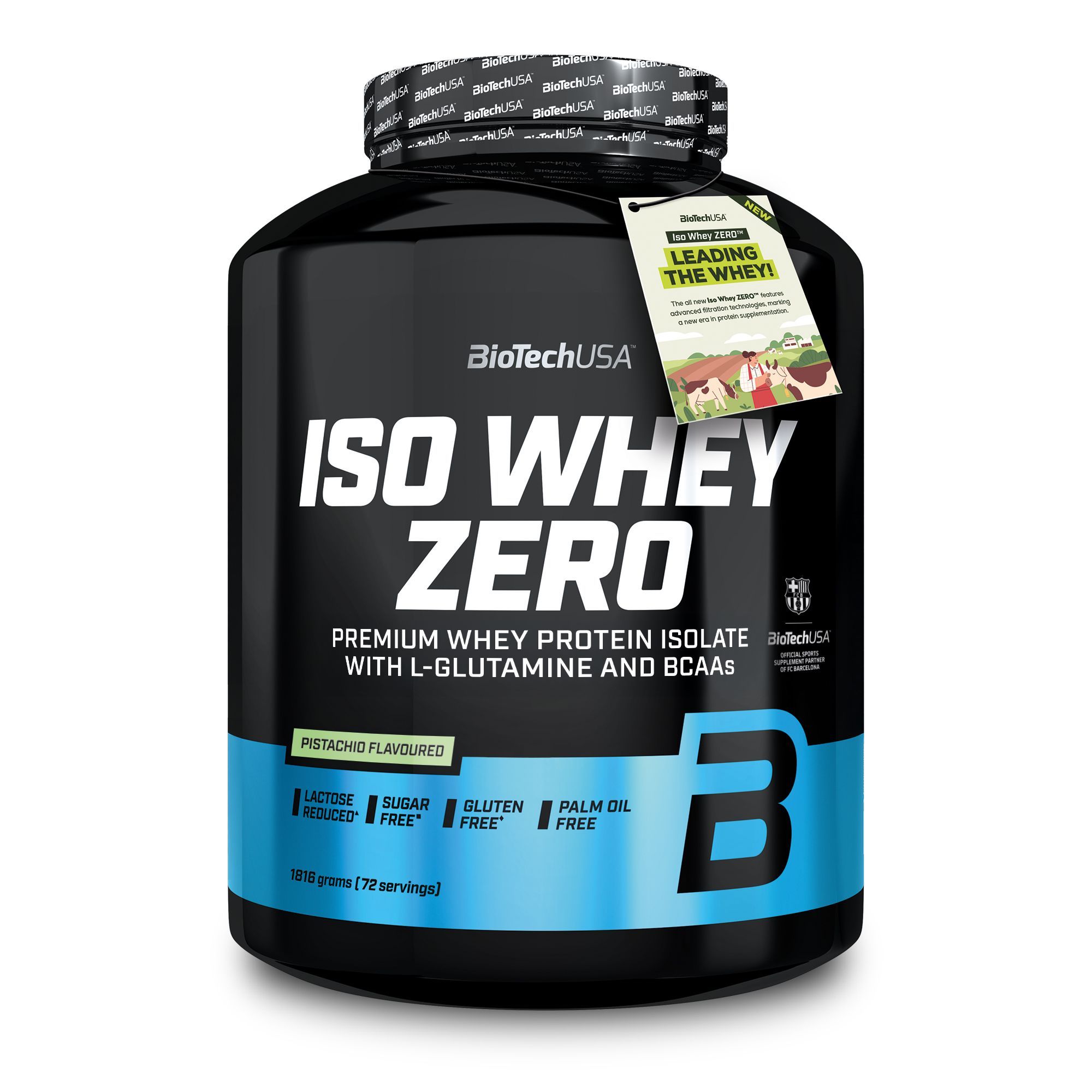 Schwarzer Behälter mit BiotechUSA ISO WHEY ZERO Proteinpulver, Pistaziengeschmack. Laktose-, zucker-, gluten- und palmölfrei.
