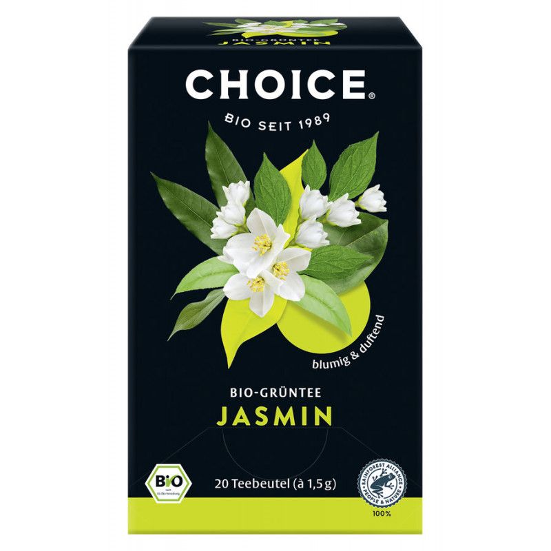 Schwarze Verpackung mit Jasmin-Blüten und Blättern. Aufschrift: CHOICE, BIO-GRÜNTEE JASMIN, 20 Teebeutel. Bio-Siegel.