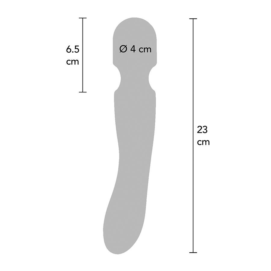 Graue Umrisszeichnung eines Massagestabs mit Maßangaben: 23 cm lang, Kopf 4 cm Durchmesser, Kopf 6,5 cm breit.