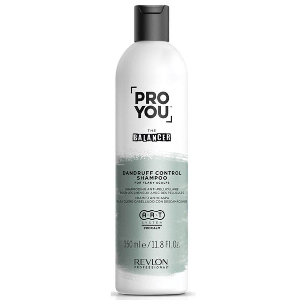 Weiße Shampoo-Flasche mit schwarzem Deckel. Aufschrift: PRO YOU THE BALANCER, Dandruff Control Shampoo. Marke: Revlon.