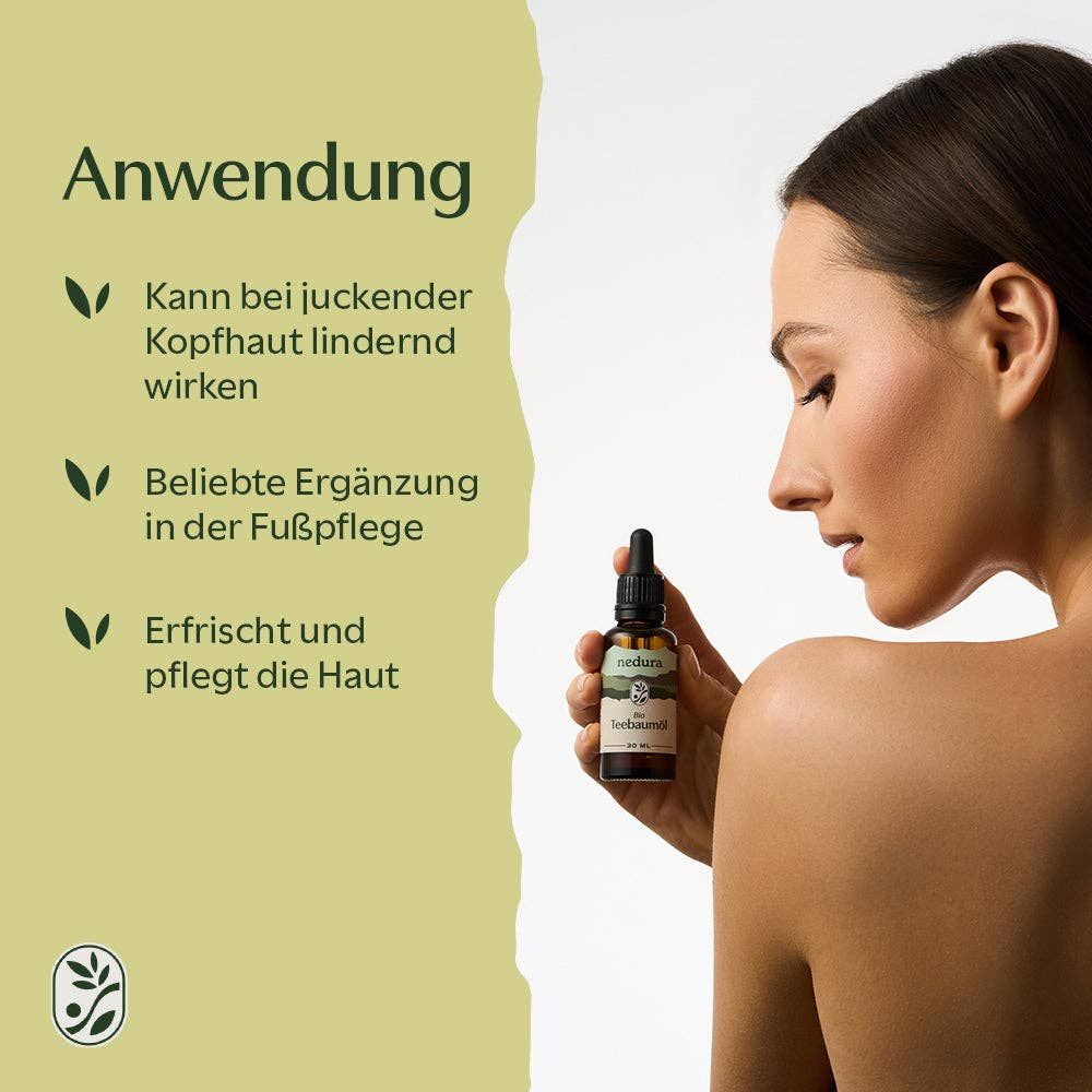 Frau hält eine kleine Flasche. Text: Anwendung. Kann bei juckender Kopfhaut lindern. Beliebte Ergänzung in der Fußpflege.