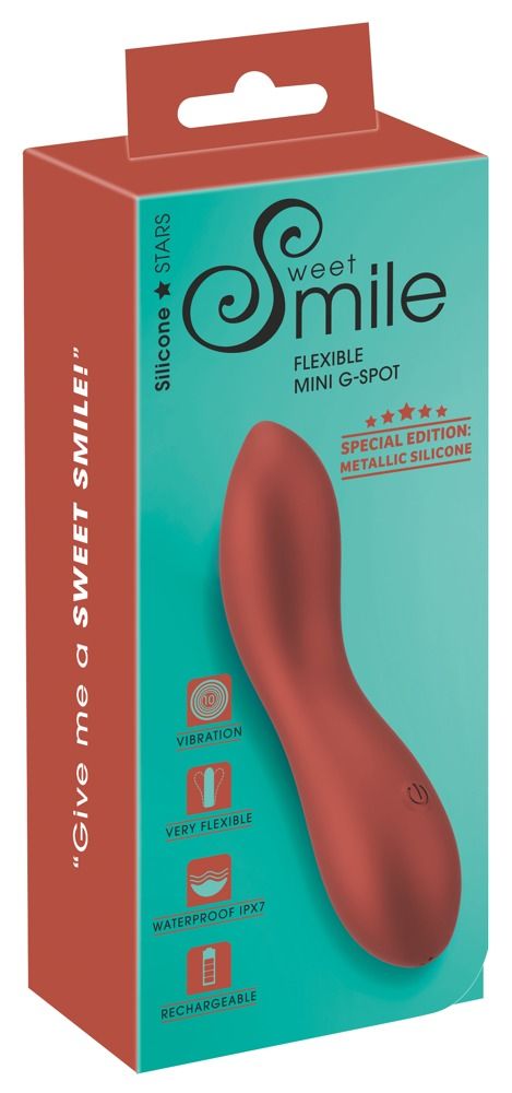 Verpackung mit rotem Minivibrator. Text: Sweet Smile, Flexible Mini G-Spot, Metallic Silicone, Sterne, Icons.