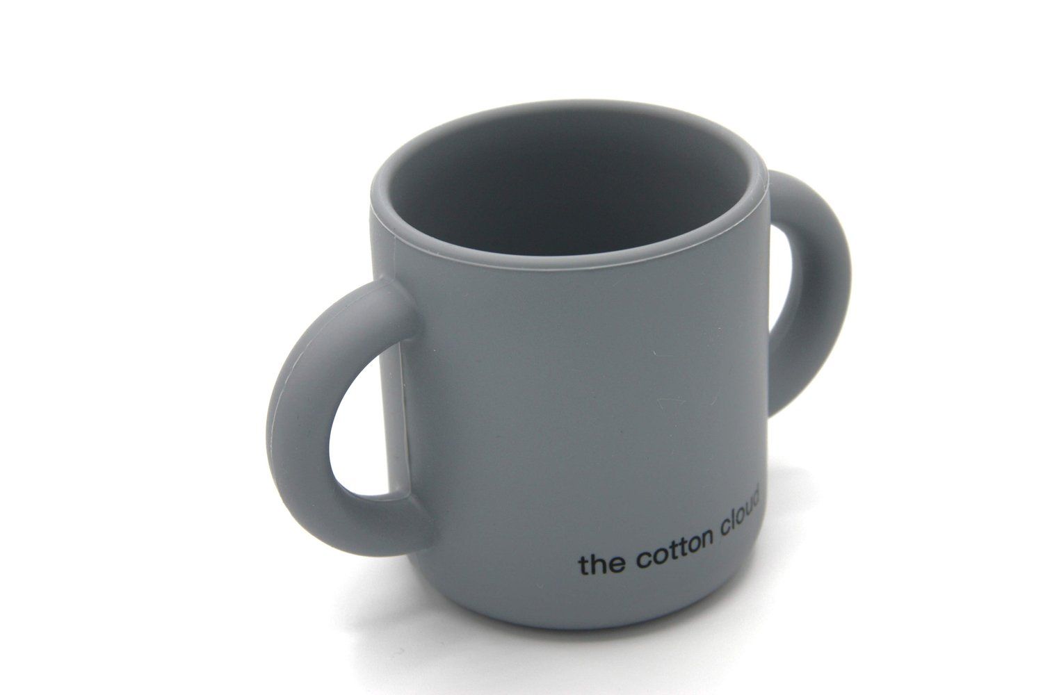 Grauer Silikonbecher mit zwei Griffen. Aufschrift: the cotton cloud.