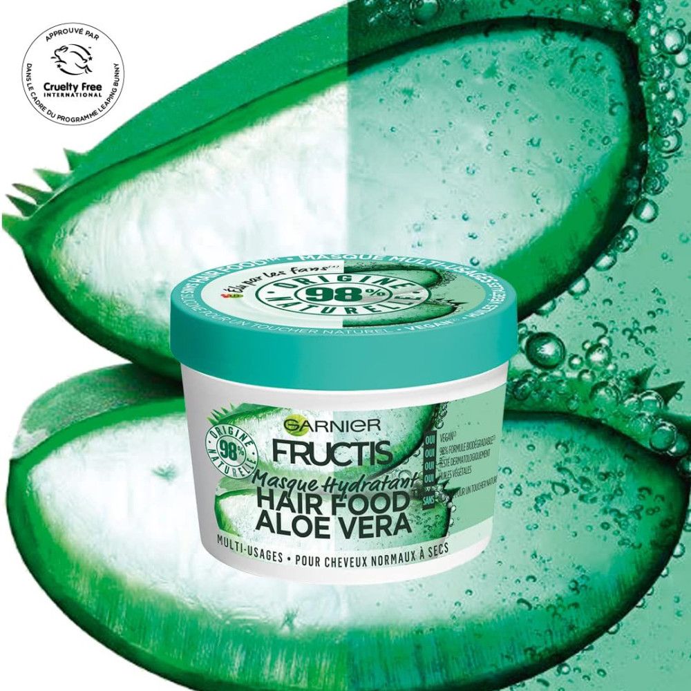 Haarmaske mit Aloe Vera. Runde Dose mit grünem Deckel. Text: Garnier Fructis Hair Food. 98% natürliche Inhaltsstoffe. Cruelty Free.