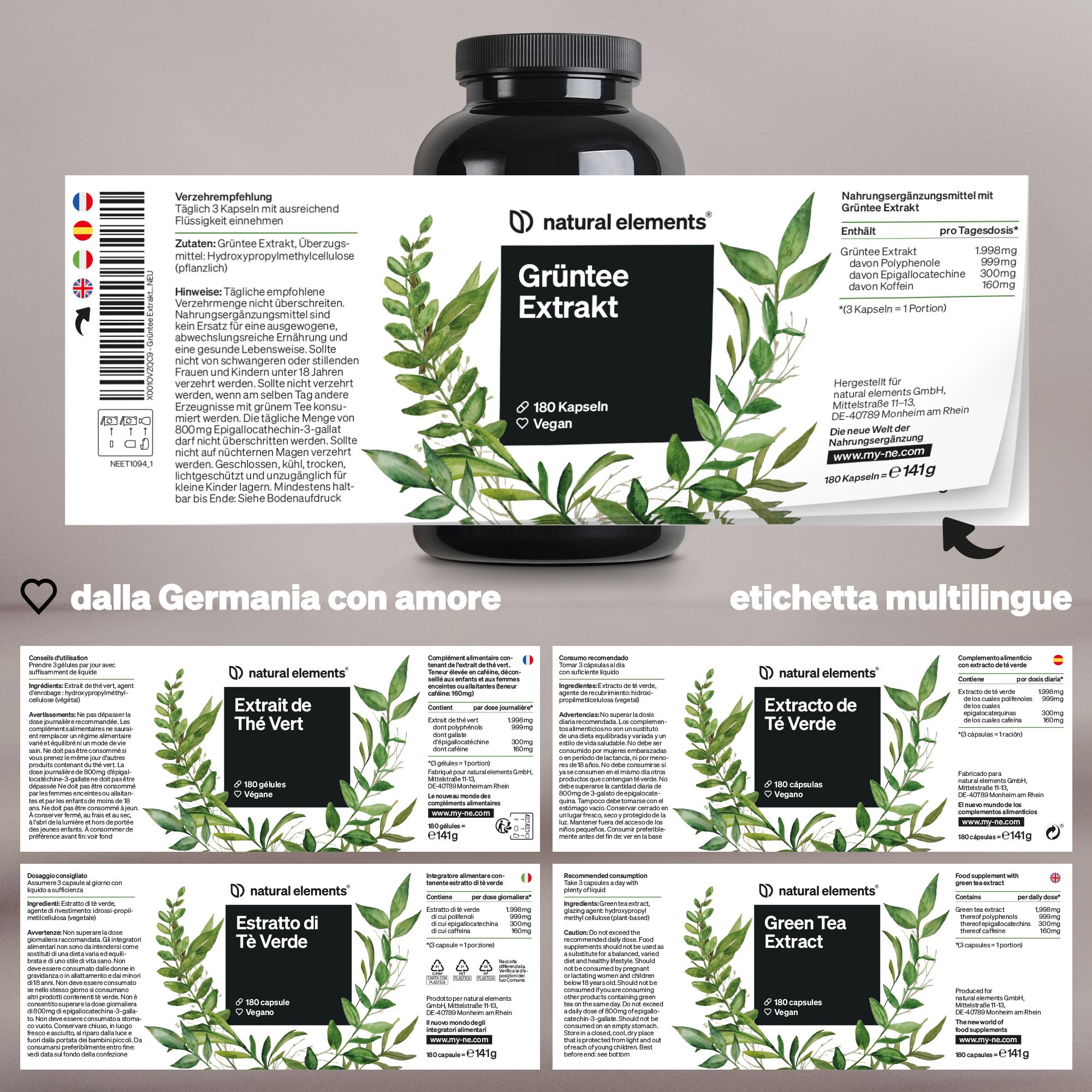 Natural Elements Grüner Tee Extrakt Kapseln, 180 Kapseln, vegan.
