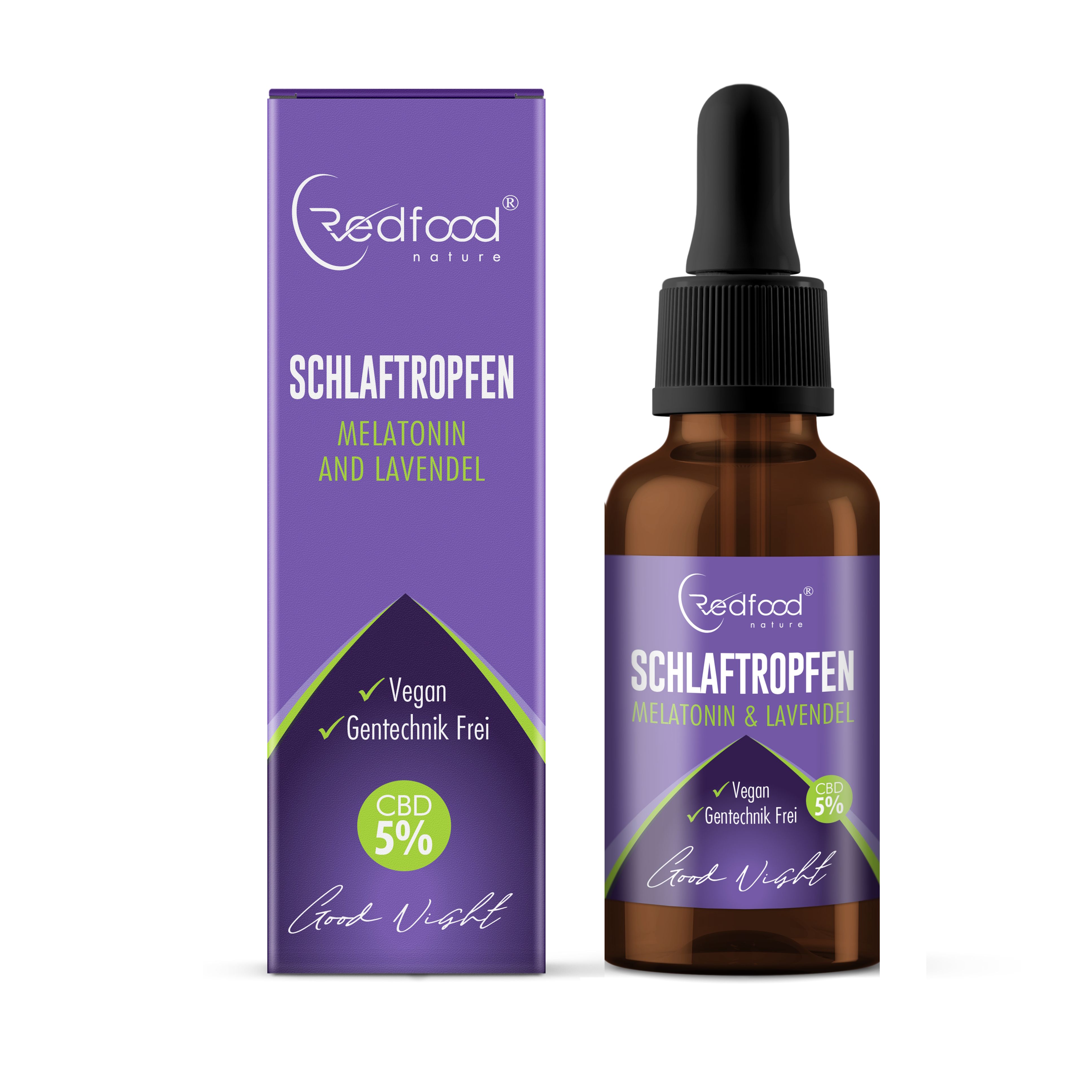 Braune Glasflasche und Schachtel. Aufschrift: Redfood, Schlaftropfen, Melatonin & Lavendel, CBD 5%, Vegan, Gentechnik frei.