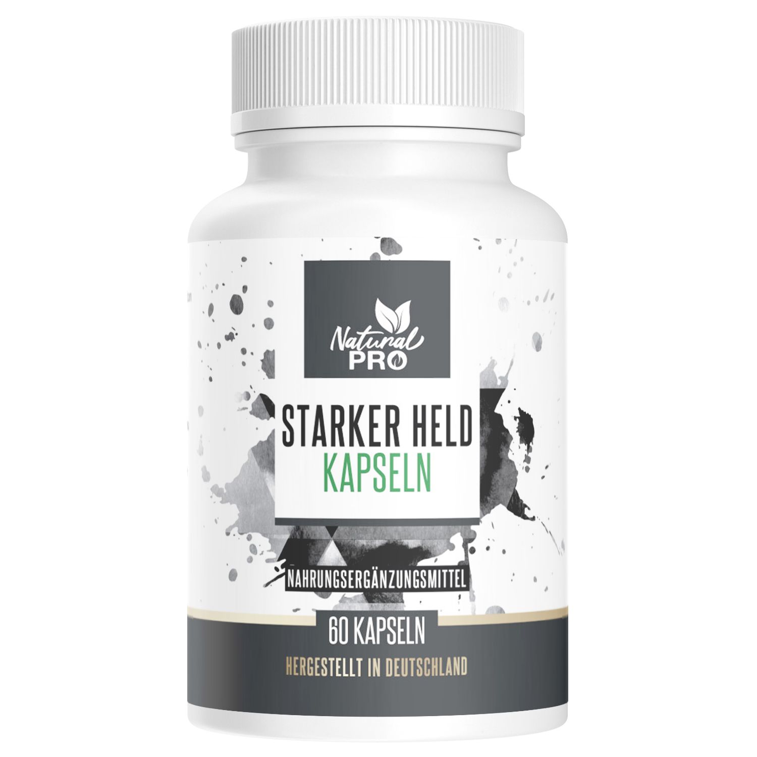Weiße Kapsel-Dose mit schwarzem Etikett. Aufschrift: Starker Held Kapseln, Natural Pro. Enthält 60 Kapseln.