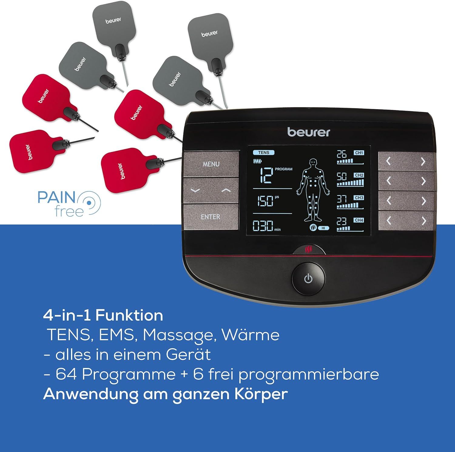 Schwarzes Gerät mit Display und Elektroden. Text: 4-in-1 Funktion, TENS, EMS, Massage, Wärme. 64 Programme + 6 frei programmierbare.