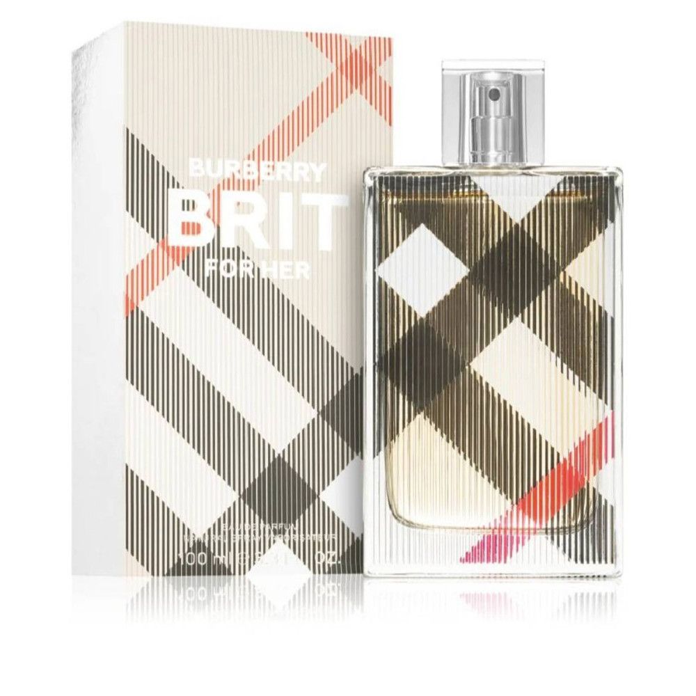 Parfümflakon und Verpackung mit Karomuster und Schriftzug Burberry Brit for Her. Flakon mit Sprühkopf.
