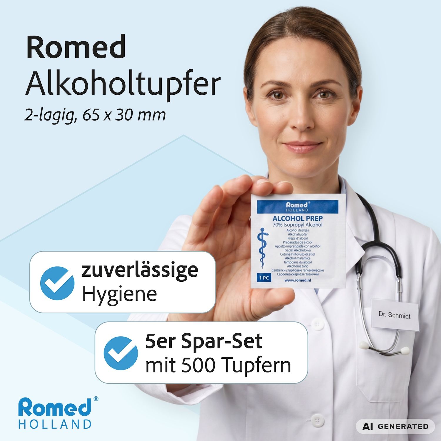 Romed Alkoholtupfer Alkoholpads, 65 x 30 mm, 2-lagig