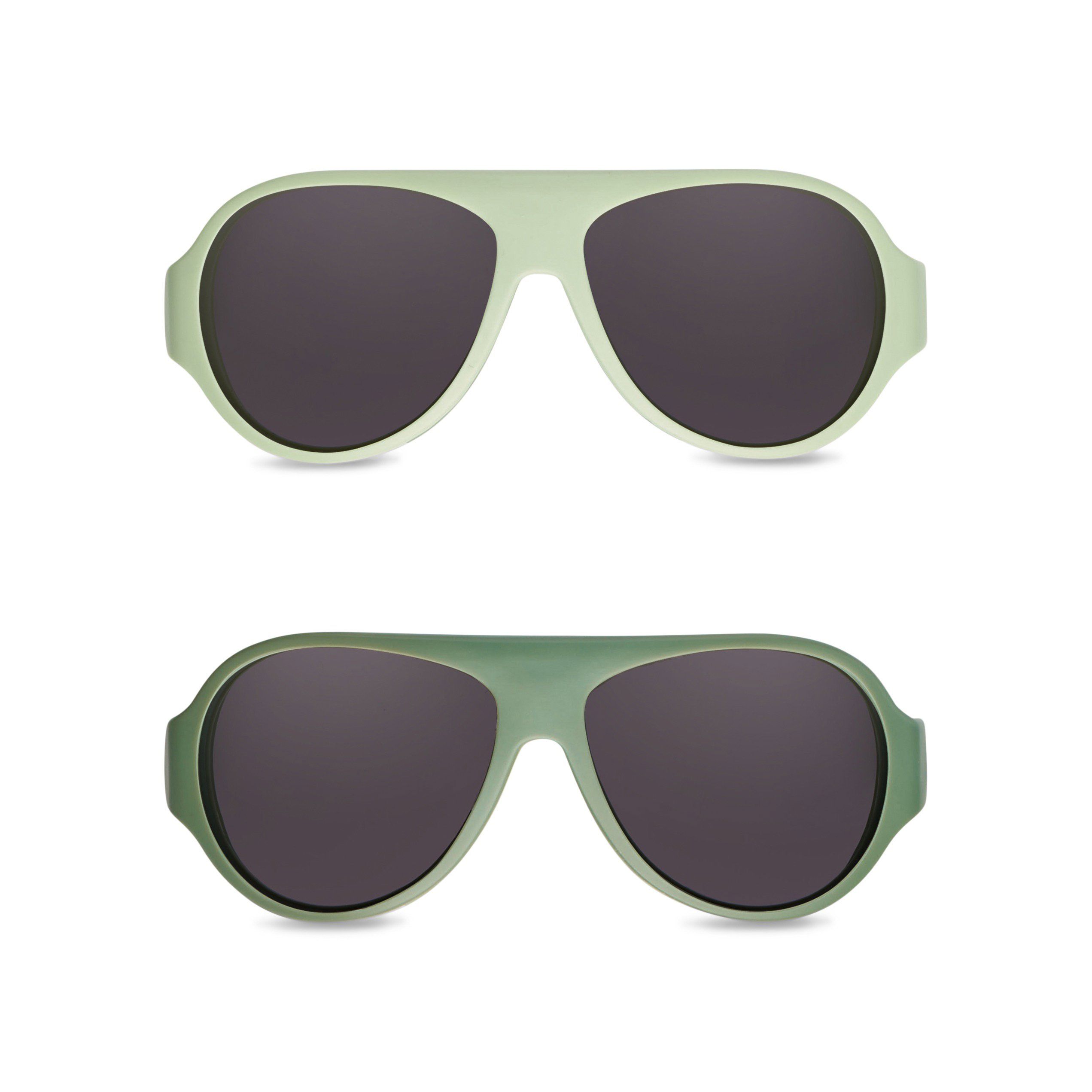 Zwei grüne Sonnenbrillen mit dunklen Gläsern. Aviator-Form.