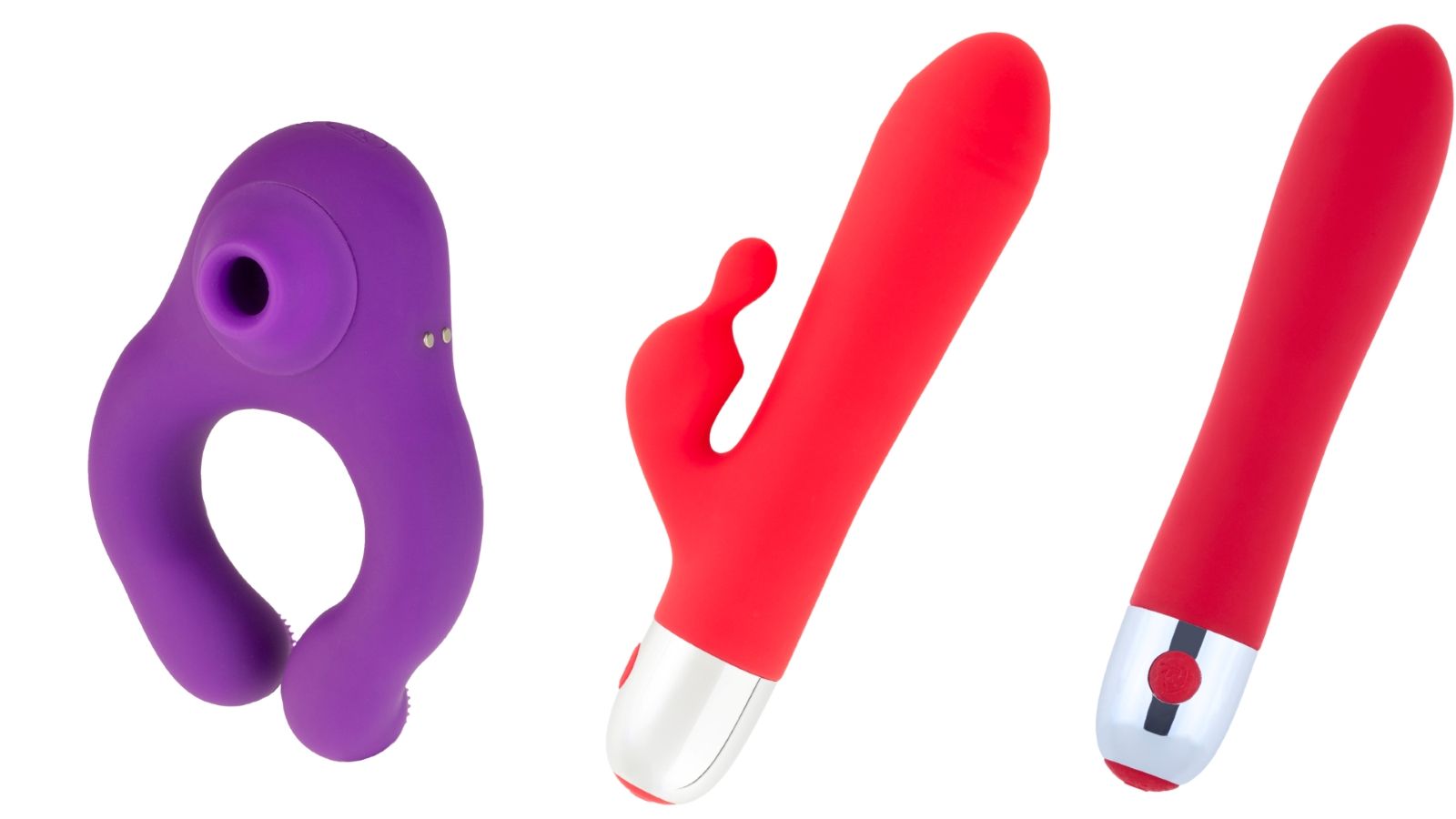 Drei Erotikspielzeuge: lila Ring, roter Vibrator mit gebogener Spitze, roter Vibrator. Aus Silikon.