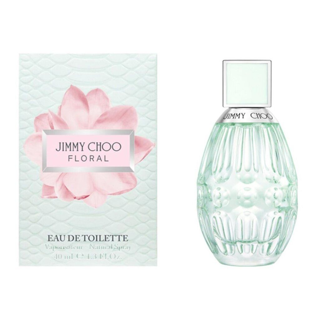 Jimmy Choo Floral Eau de Toilette Flakon und Verpackung mit rosa Blüte.