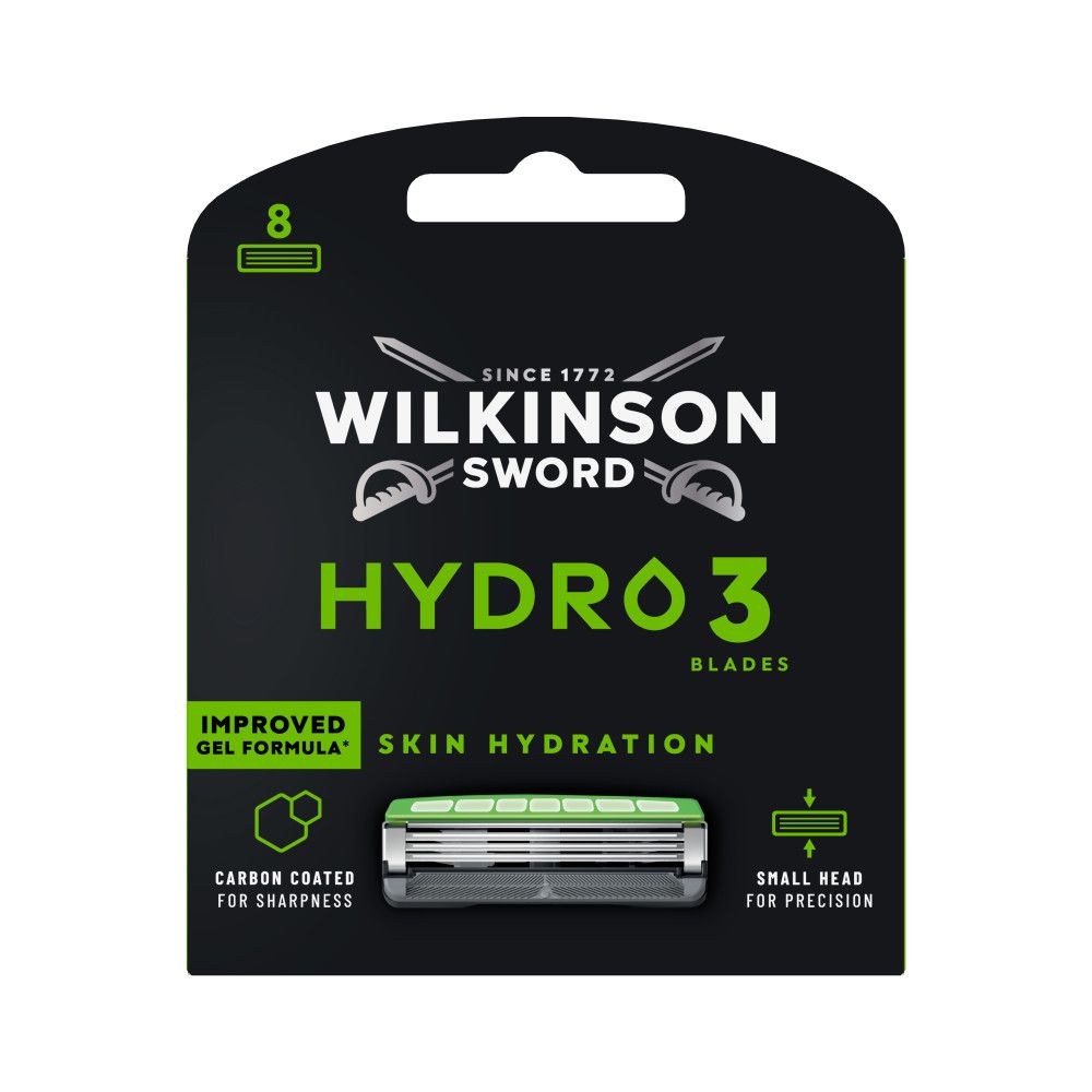 Verpackung mit 8 Wilkinson Sword Hydro 3 Rasierklingen, Skin Hydration.