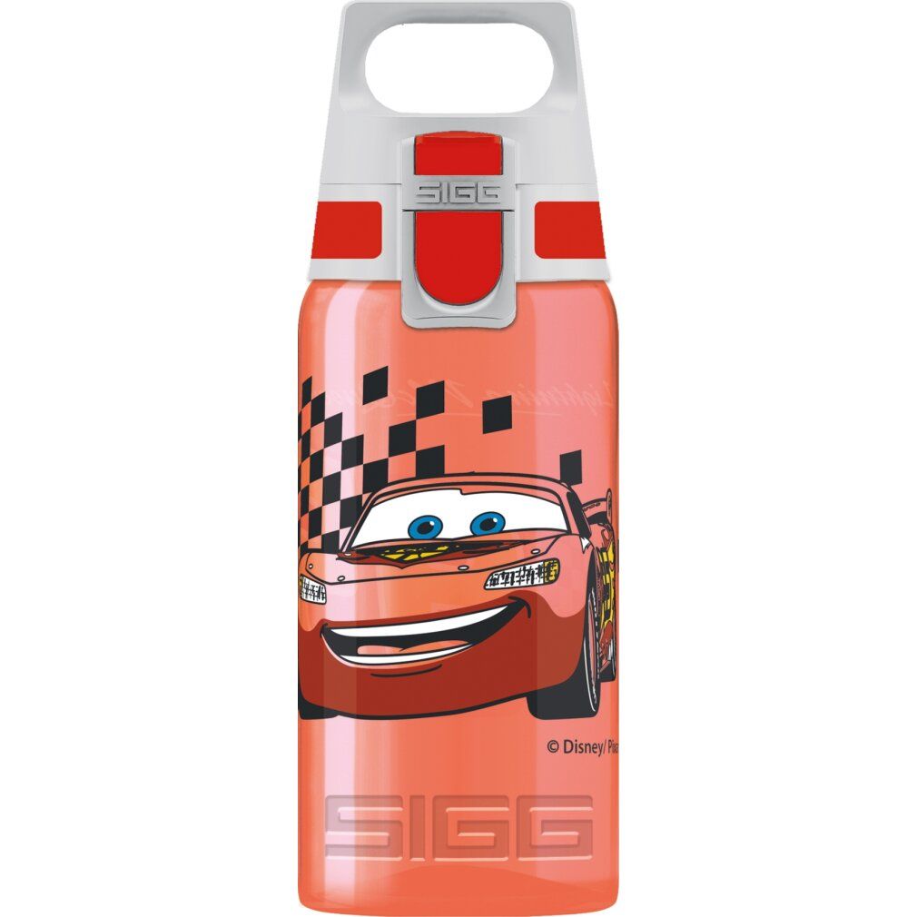 Trinkflasche mit rotem Deckel und Griff. Aufdruck: Lightning McQueen vom Film Cars. Marke SIGG.