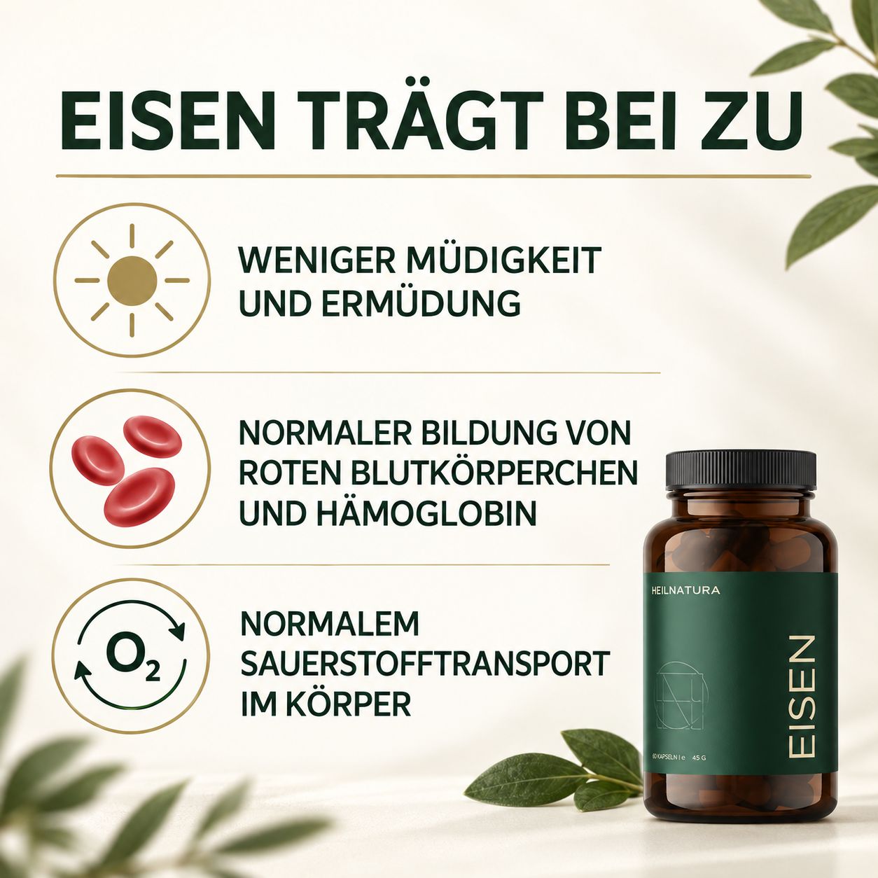 Heilnatura Eisen Kapseln 30 mg mit Vitamin C & Kupfer – 60 Stück