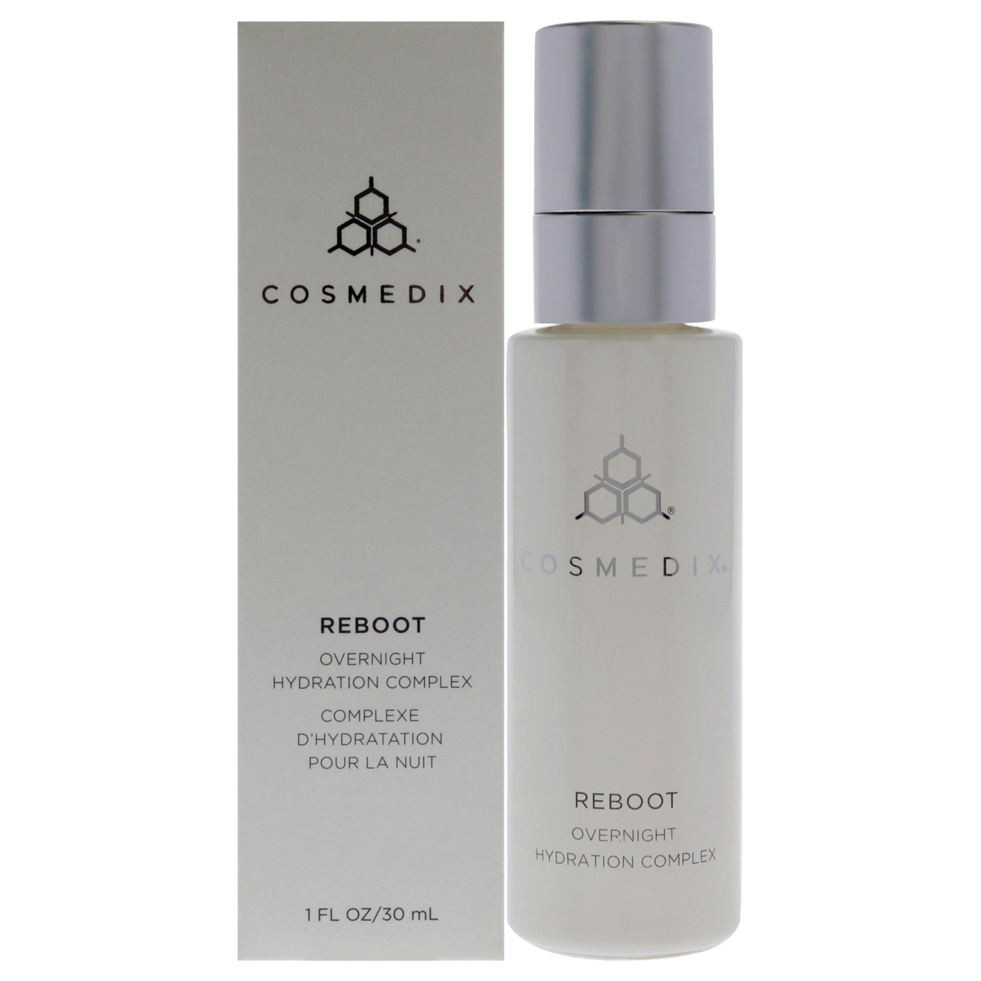 Weiße Verpackung und Flasche. Aufschrift: Cosmedix, Reboot Overnight Hydration Complex. 1 FL OZ/30 mL.