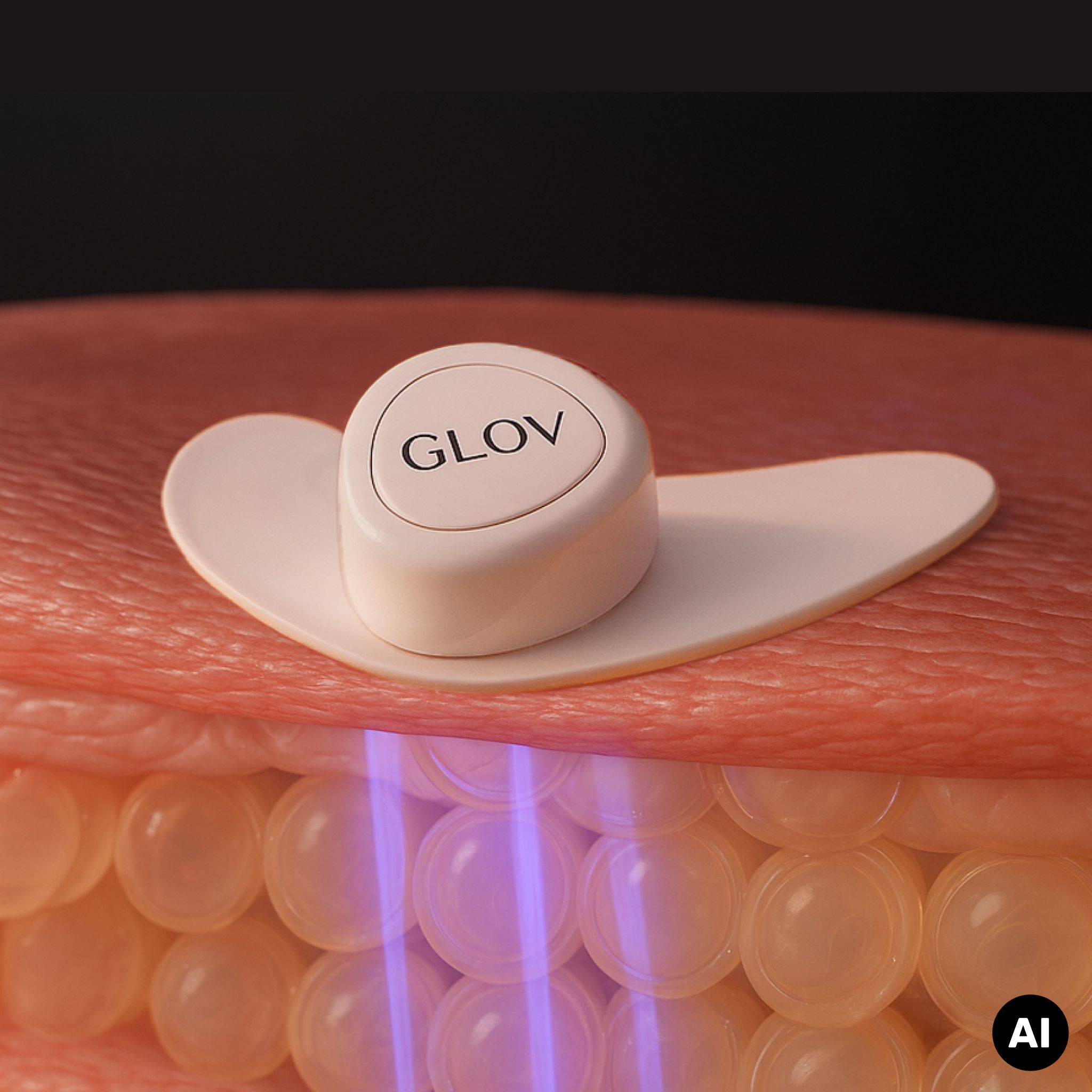Nahaufnahme eines Hautschnitts, der ein weißes GLOW-Augenpad mit einem Modul zeigt.