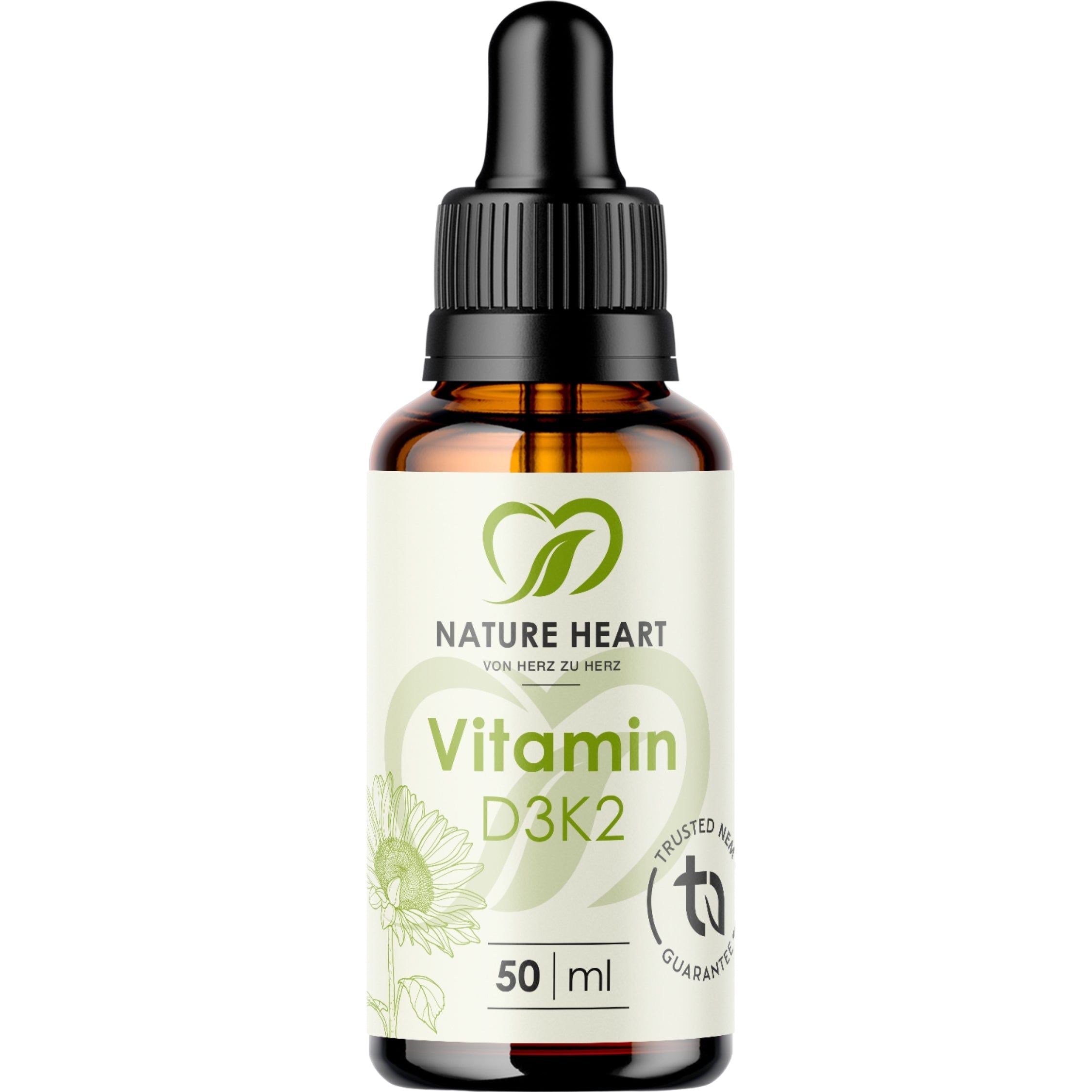 Nature Heart Vitamin D3+K2 Tropfen in einer braunen Glasflasche mit Pipette.