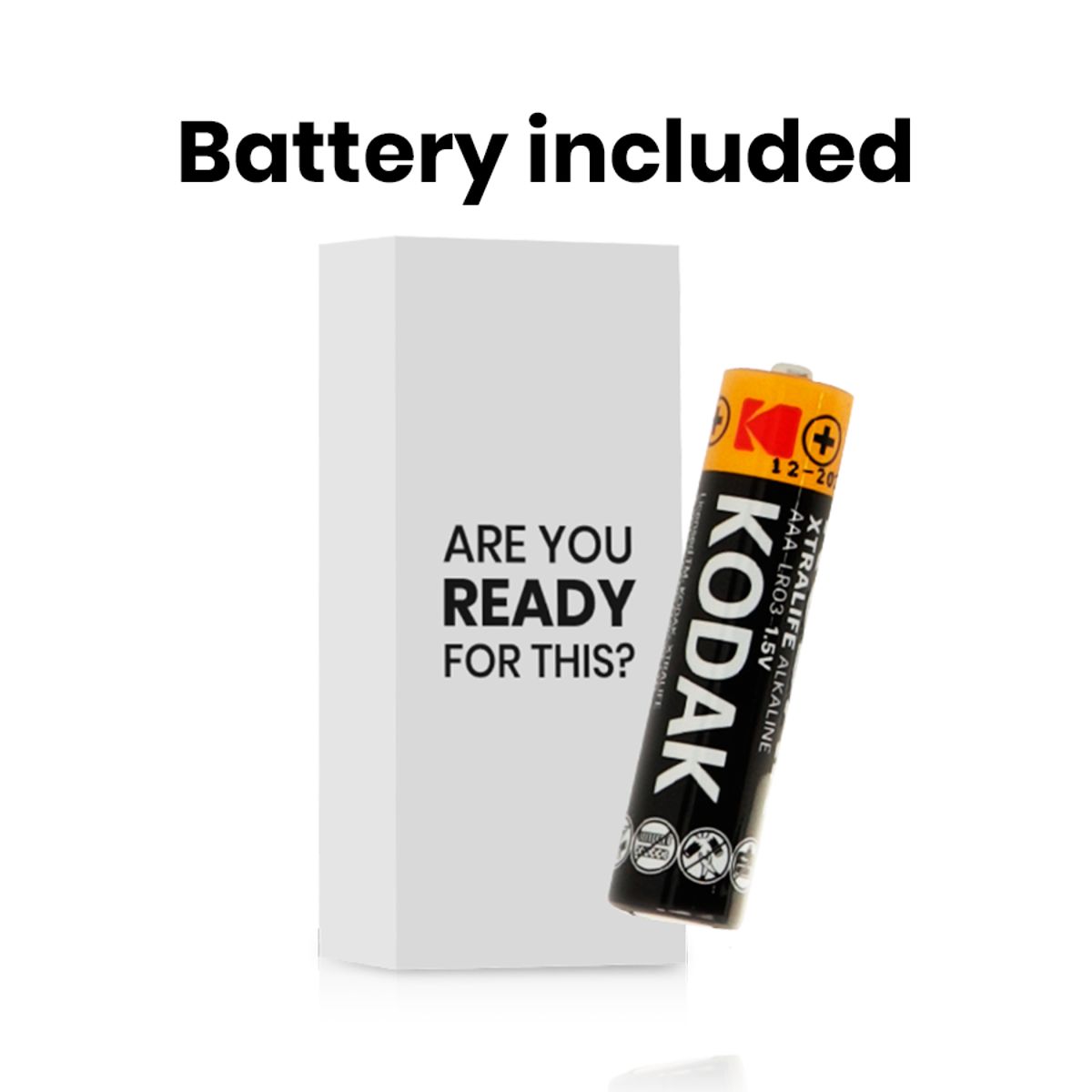 Weiße Box mit Text: Are you ready for this? Daneben eine Kodak-Batterie. Text: AAA, 1.5V.