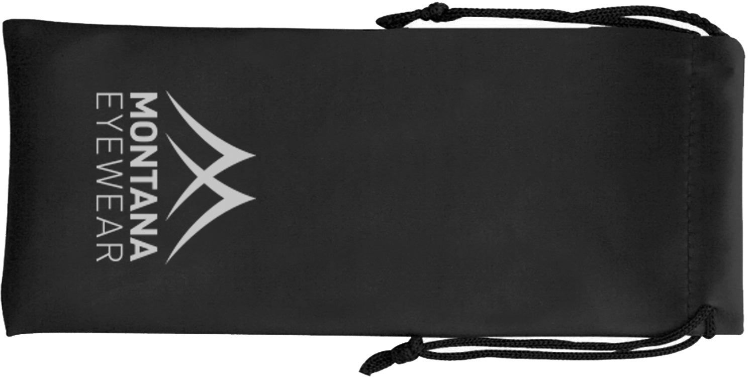 Schwarzes Brillenetui mit Kordelzug. Auf dem Etui steht "MONTANA EYEWEAR".