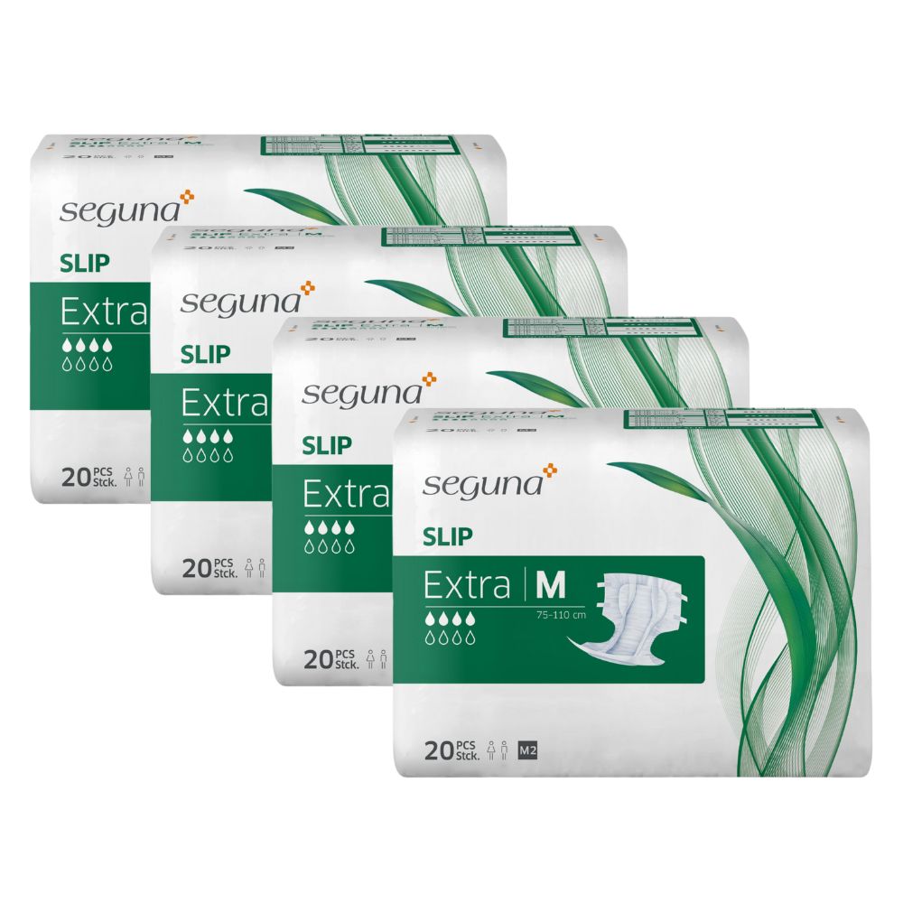 Mehrere Packungen mit Inkontinenzprodukten. Aufdruck: seguna SLIP Extra, 20 Stück. Grün-weiße Verpackung mit Produktabbildung.