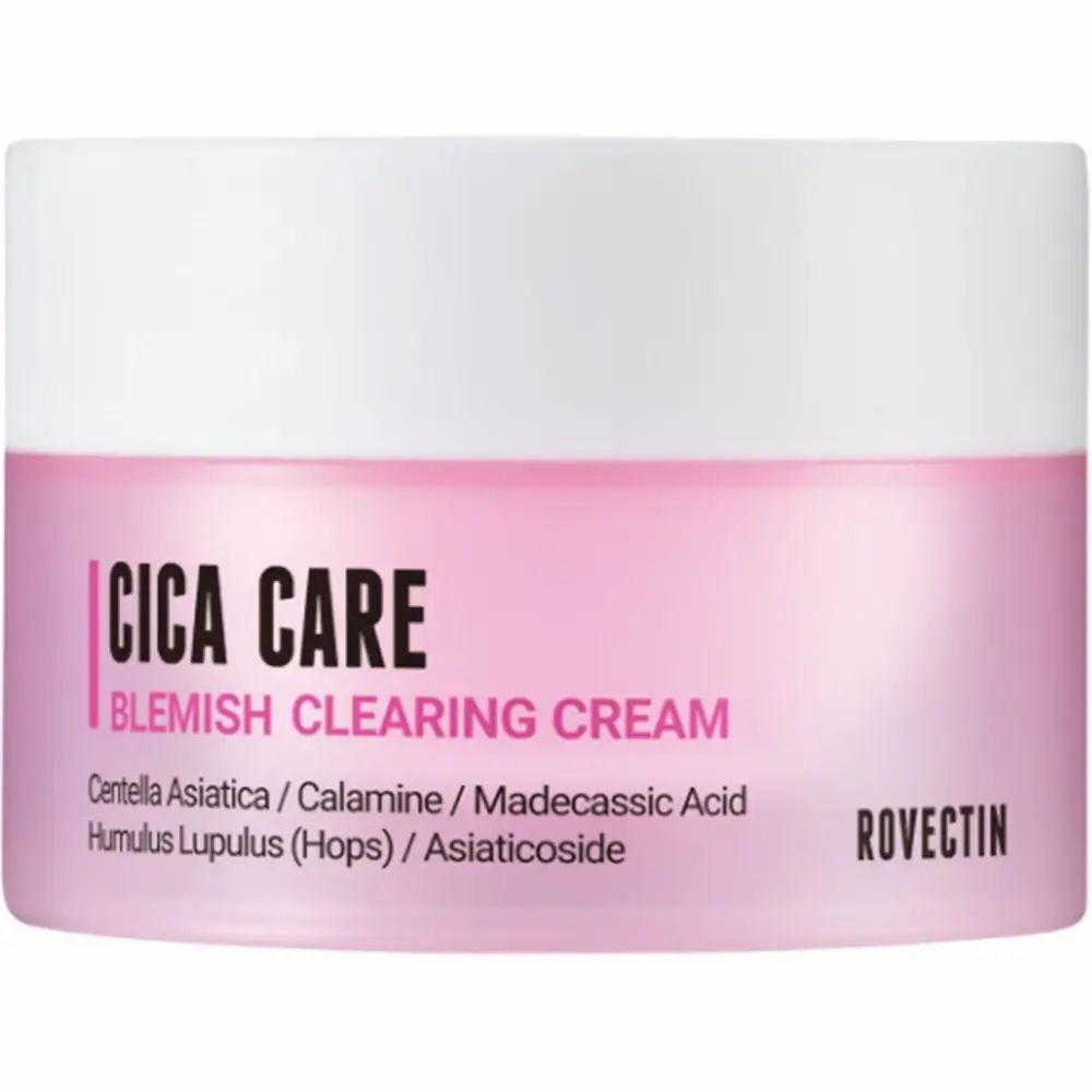 Rosa Creme-Dose mit weißem Deckel. Aufschrift: Cica Care Blemish Clearing Cream. Marke: Rovectin. Inhaltsstoffe sind ebenfalls angegeben.