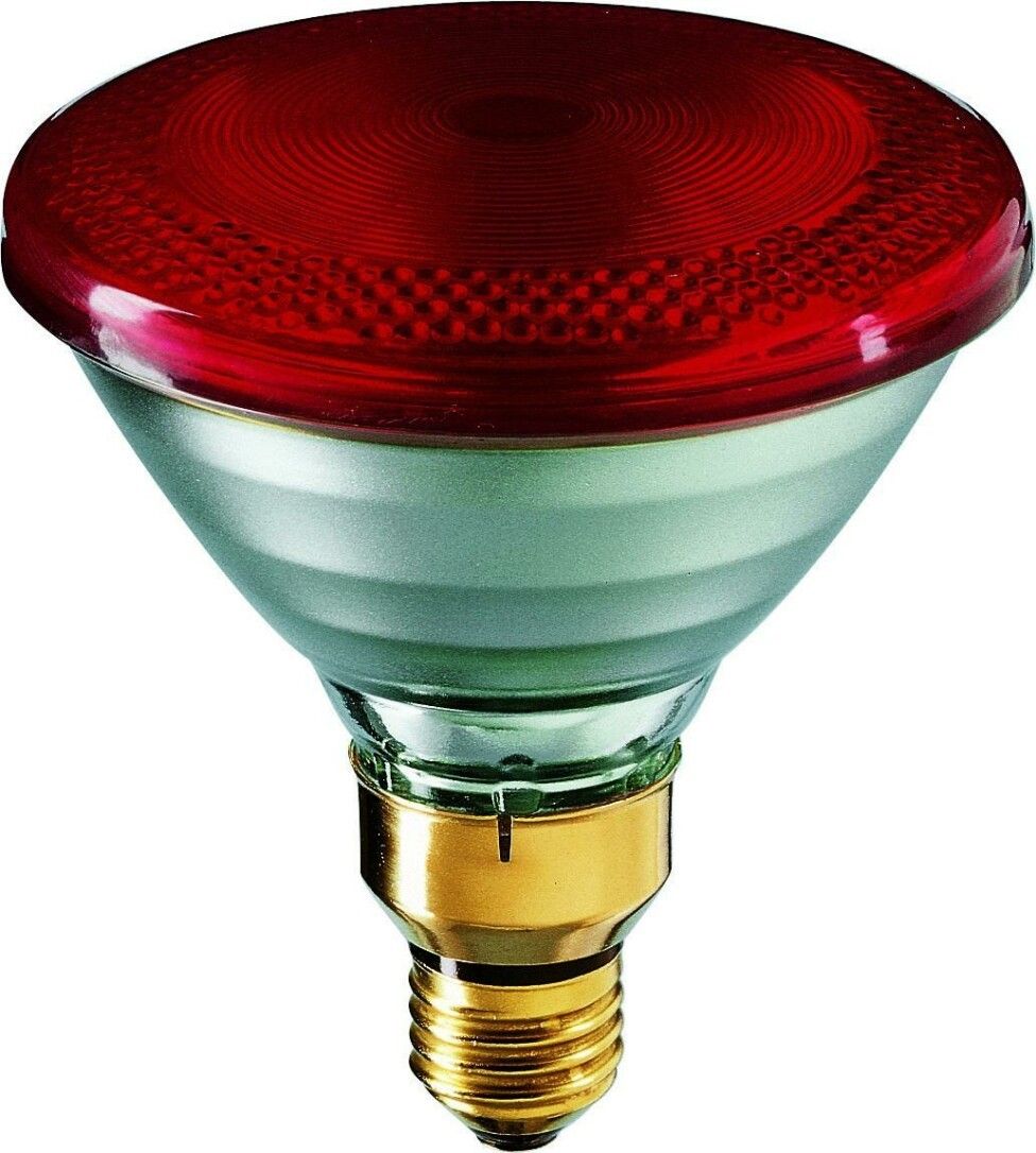 Infrarotlampe mit rotem Glaskolben und goldfarbenem Sockel. Die Lampe hat eine konische Form und ist mit einem E27-Sockel ausgestattet.
