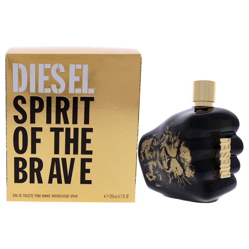 Goldfarbene Schachtel und schwarzer Flakon. Auf der Schachtel: "DIESEL SPIRIT OF THE BRAVE".
