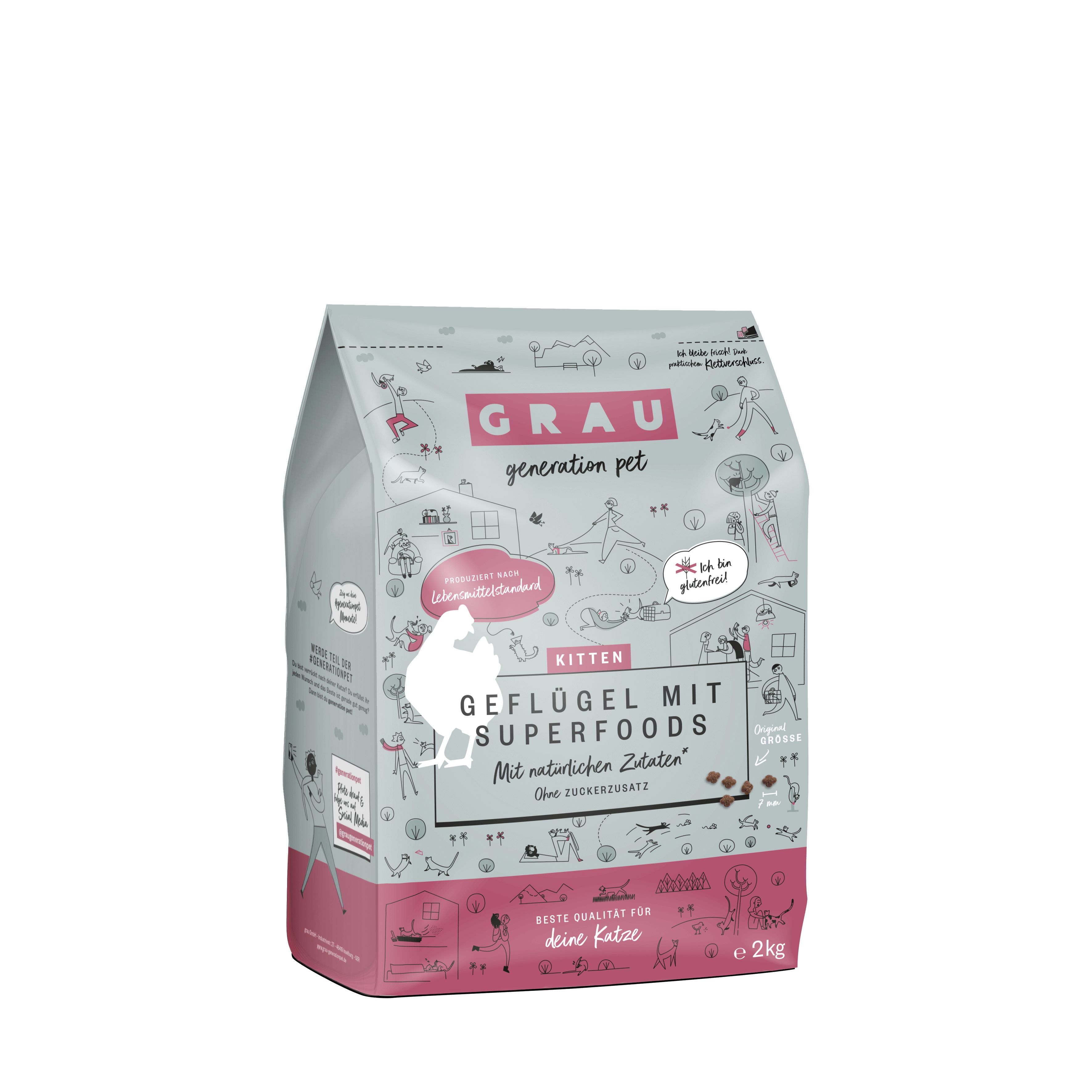 Grau Katze Kitten Geflügel mit Superfoods 2 kg Futter