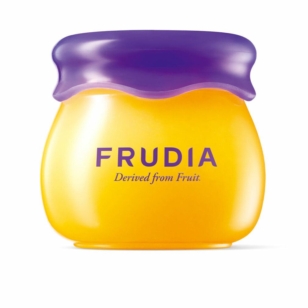 Gelber Tiegel mit lila Deckel. Aufschrift FRUDIA, darunter 'Derived from Fruit'.