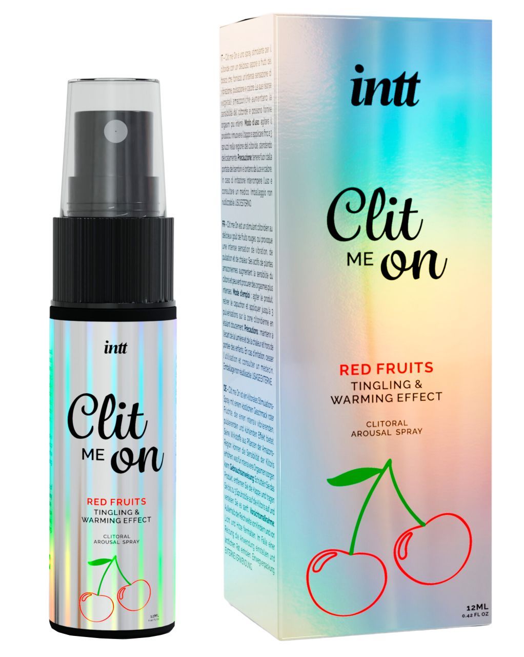 Sprayflasche und Verpackung von "Clit Me On". "Red Fruits" und "Tingling & Warming Effect" sind angegeben. INTT-Logo.