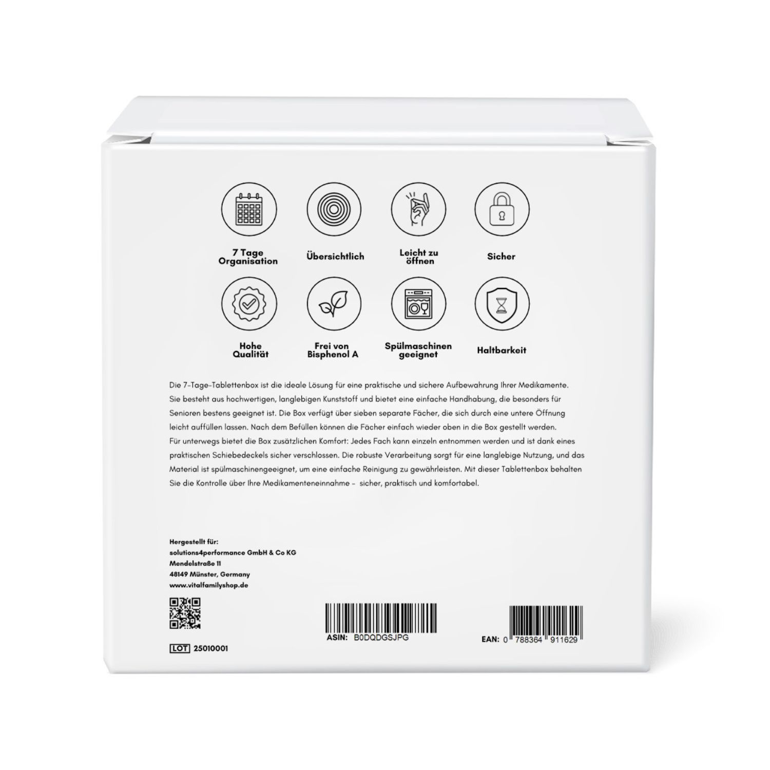 Weiße Verpackung mit Produktinformationen und Logos. 7-Tage-Tablettenbox. Logos für Organisation, Qualität und BPA-frei.