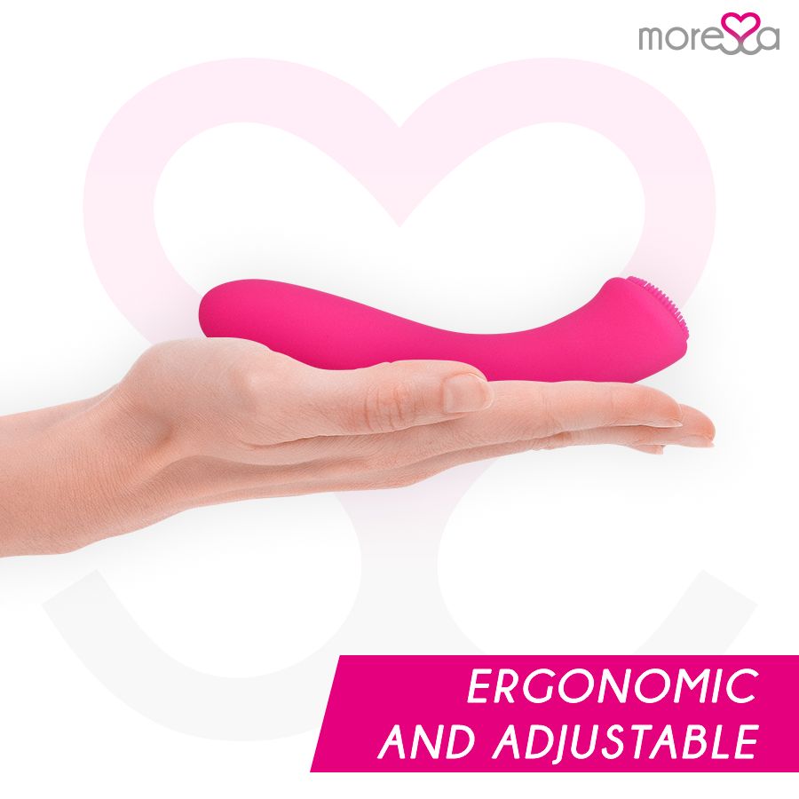 Pinkfarbenes Silikon-Produkt in einer Hand. Text: Ergonomisch und verstellbar. Marke: Moressa.