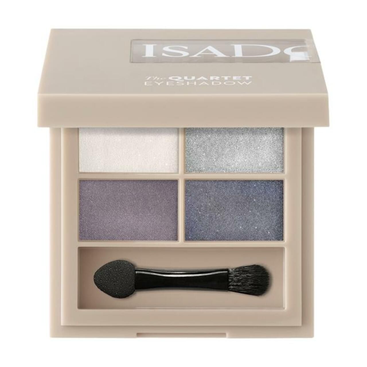 Lidschatten-Quartett mit vier Farbtönen. Beige Verpackung mit transparentem Deckel. Enthält einen Applikator.
