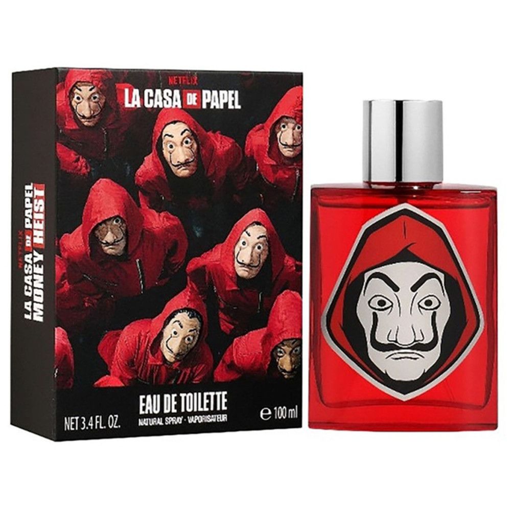 Rotes Eau de Toilette-Flakon neben einer schwarzen Schachtel. Auf der Schachtel und dem Flakon Masken-Design.