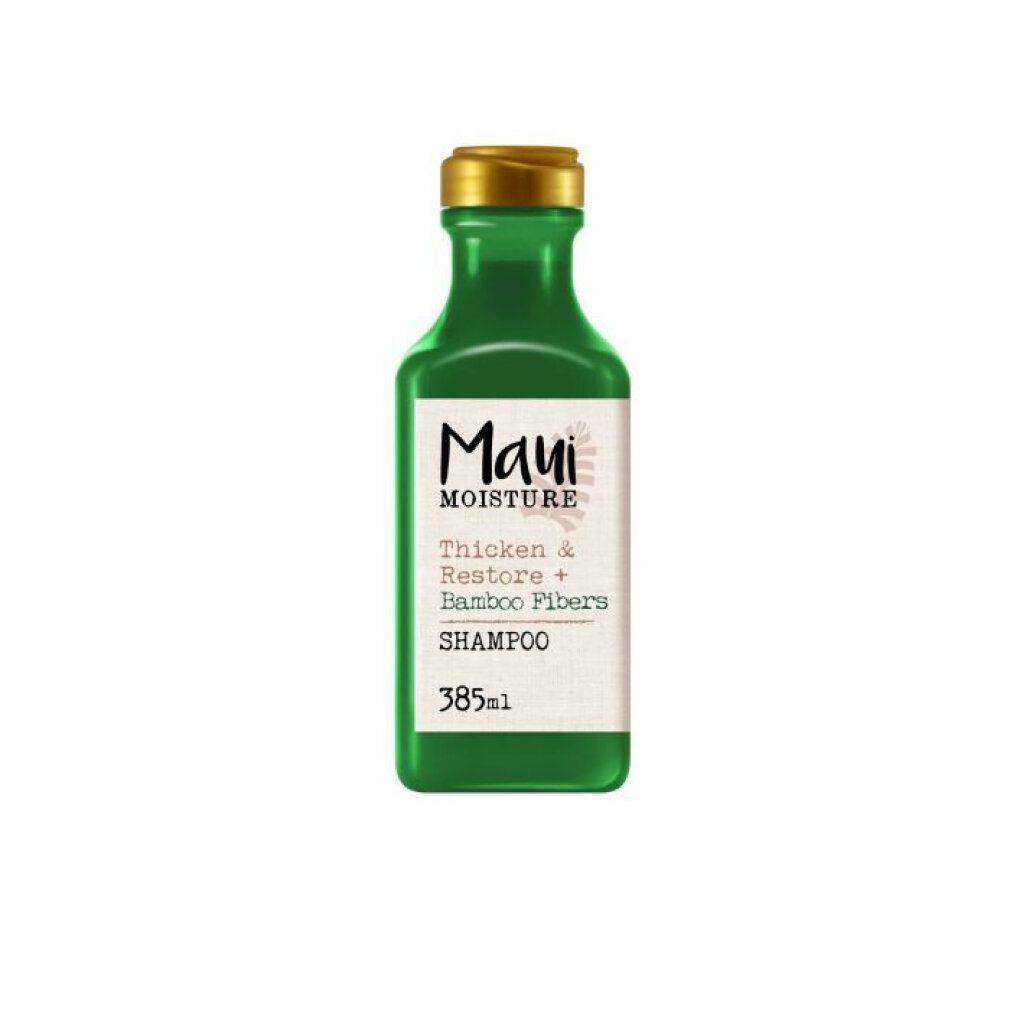 Grüne Shampoo-Flasche mit goldfarbenem Deckel. Etikett mit Produktnamen und Inhaltsstoffen. Volumen: 385 ml.