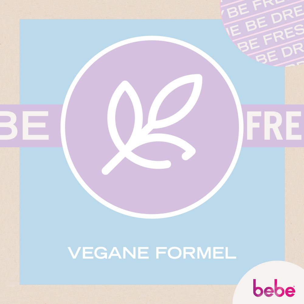 Logo mit Blättern. Text: Vegane Formel. Marke: bebe.