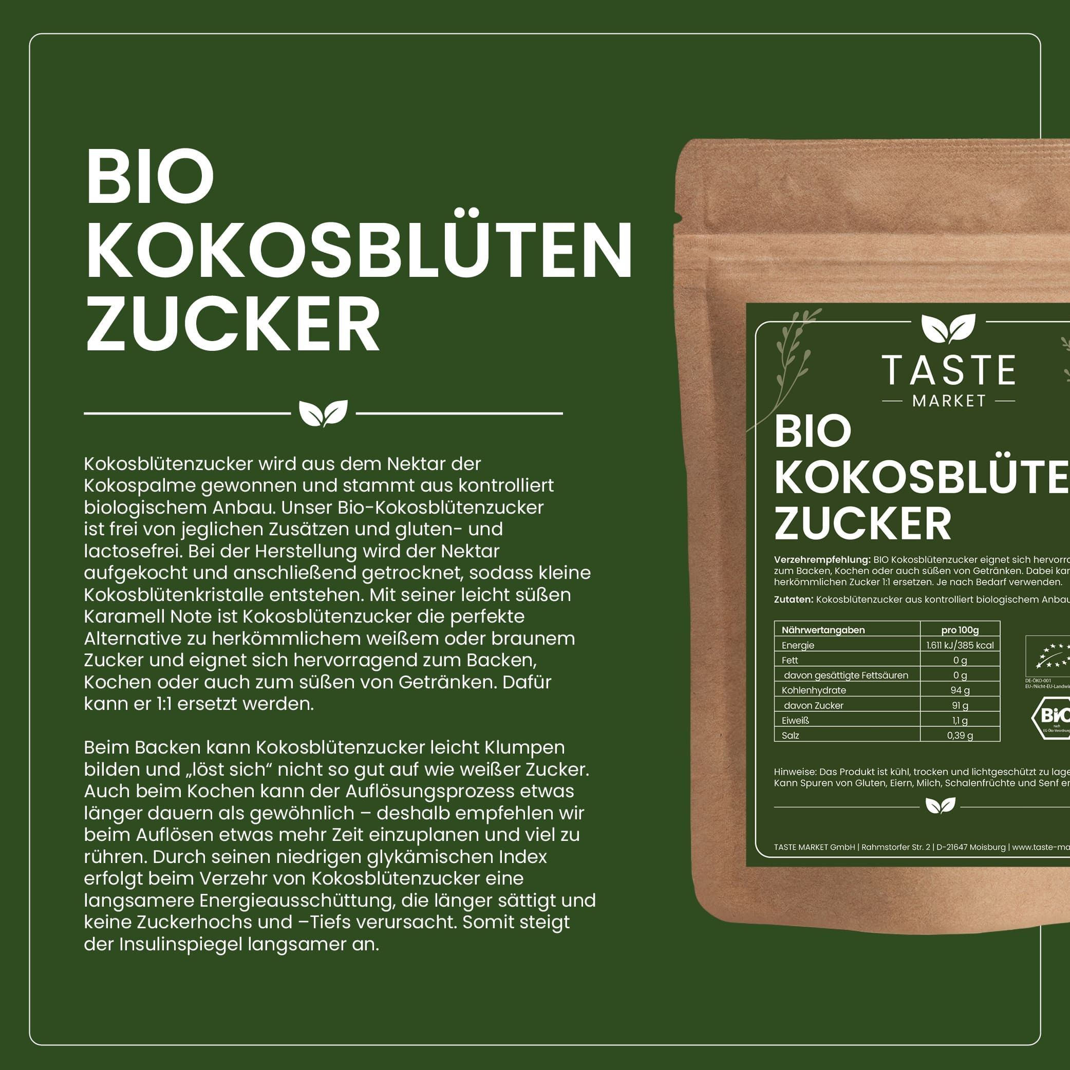 Bio Kokosblütenzucker in einer braunen Papiertüte mit Etikett von Taste Market.
