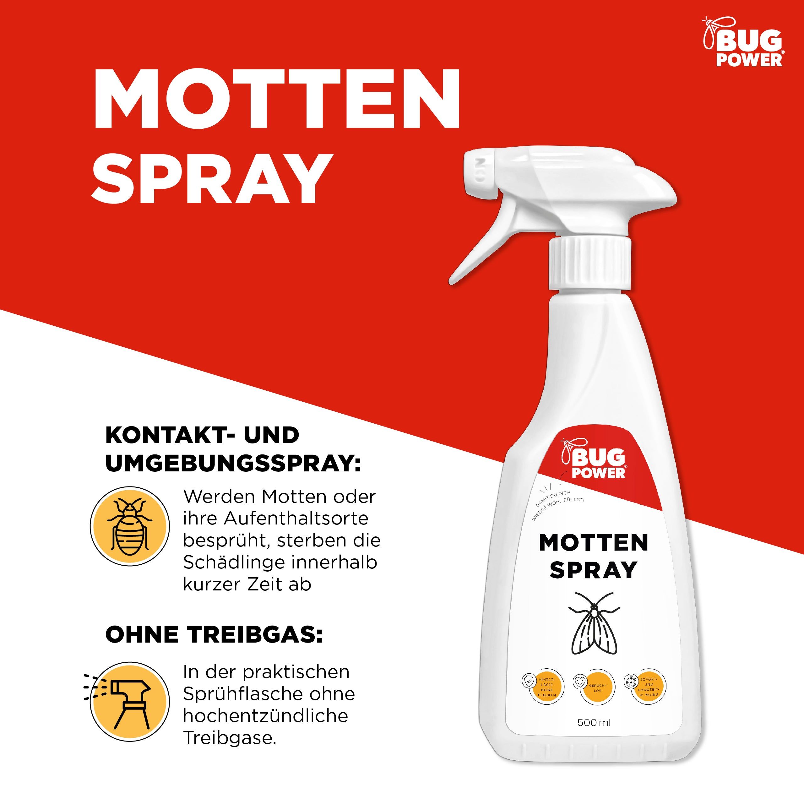Weiße Sprühflasche mit roter und schwarzer Beschriftung. Aufschrift: Bug Power Motten Spray. 500 ml. Hintergrund: roter Hintergrund mit Text.