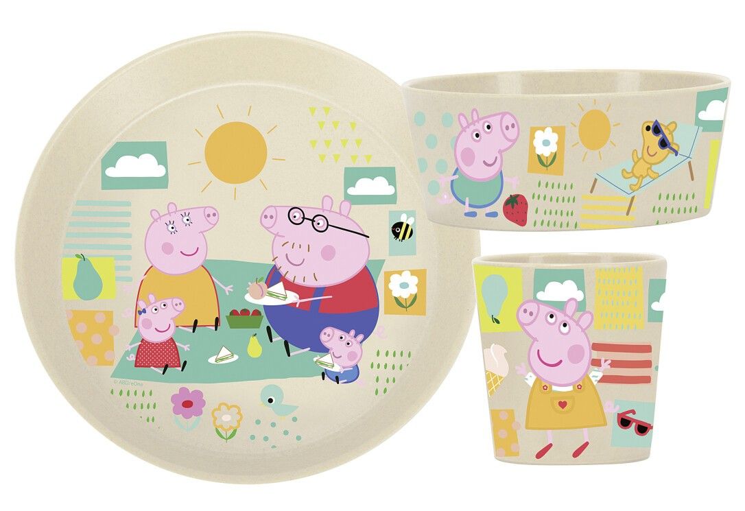 Geschirr-Set mit Peppa Pig-Motiven. Enthält Teller, Schüssel und Becher. Beige mit farbigen Illustrationen.