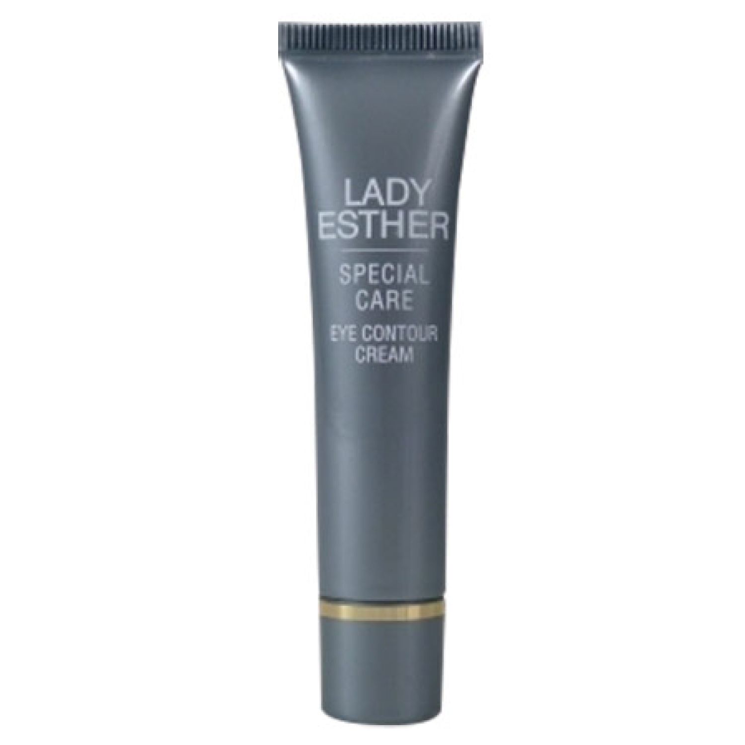 Graue Tube mit Aufschrift "LADY ESTHER SPECIAL CARE EYE CONTOUR CREAM". Goldener Ring am unteren Ende.