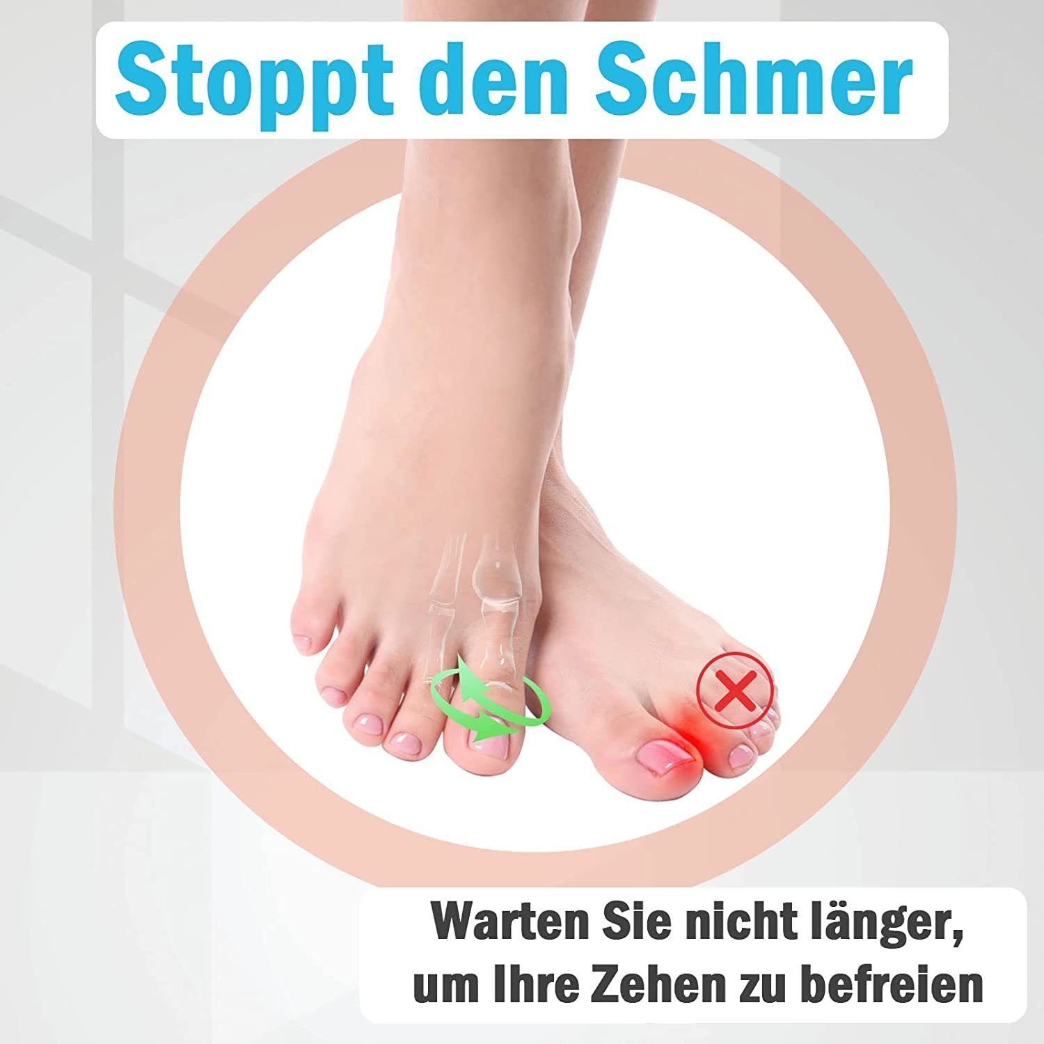 Ein Fuß mit Zehenschutzkappe. Ein rotes Kreuz markiert den schmerzenden Zeh. Ein grüner Kreis umgibt die Zehen.