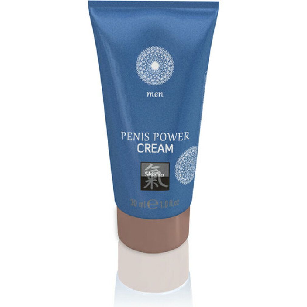 Blaue Tube. Aufschrift: Penis Power Creme, Shiatsu, men. Mandala-Design. Brauner Verschluss.