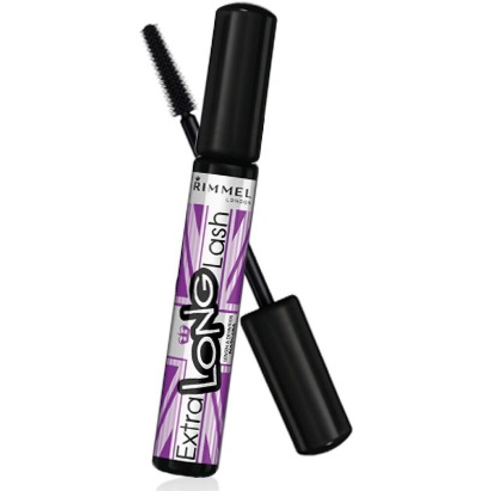 Mascara-Tube mit schwarzem Deckel und Bürste. Lila-weißes Etikett mit Schriftzug 'Extra Long Lash' und 'Rimmel'. Bürste liegt daneben.