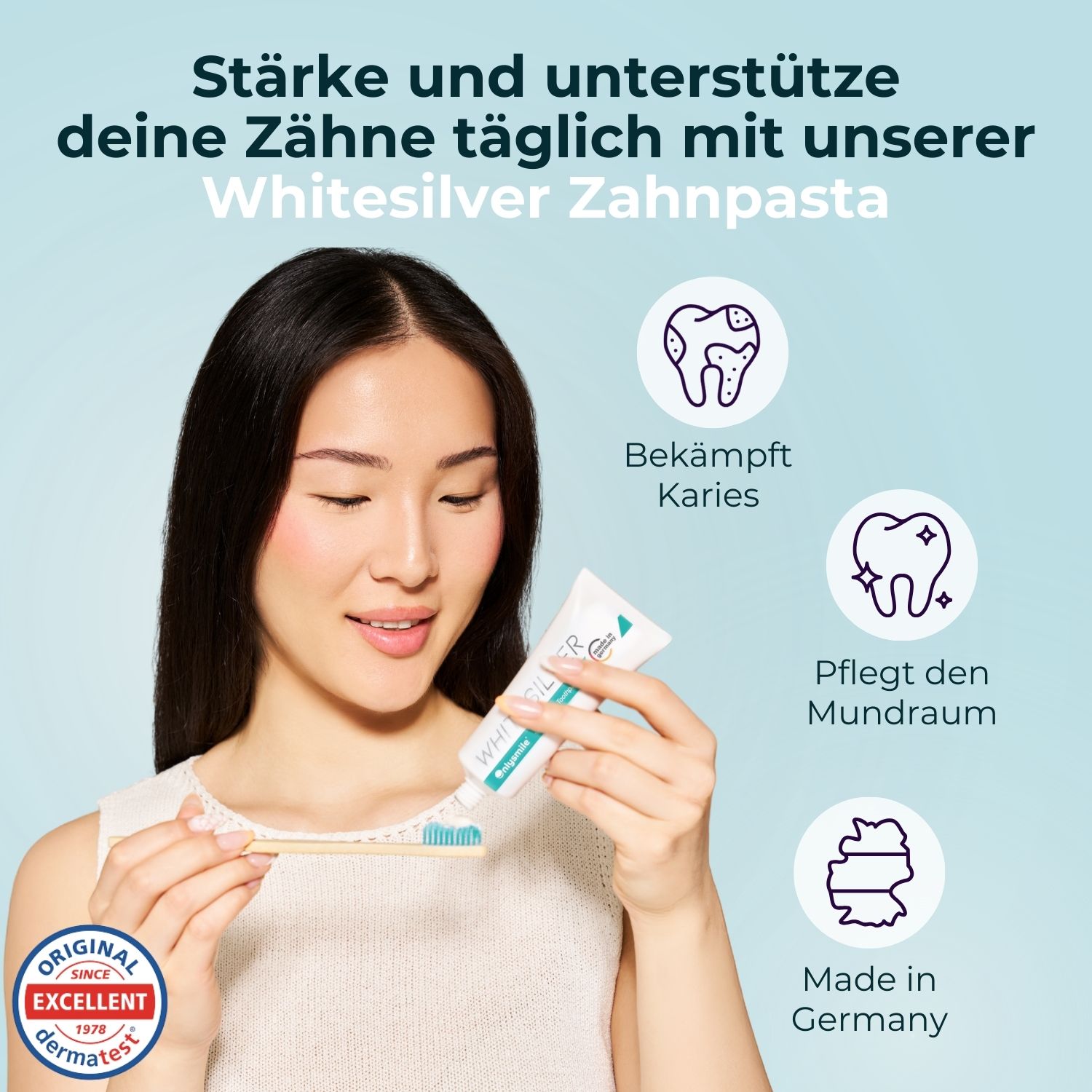 Frau putzt Zähne mit Zahnpasta. Text: Bekämpft Karies, pflegt Mundraum. Made in Germany.
